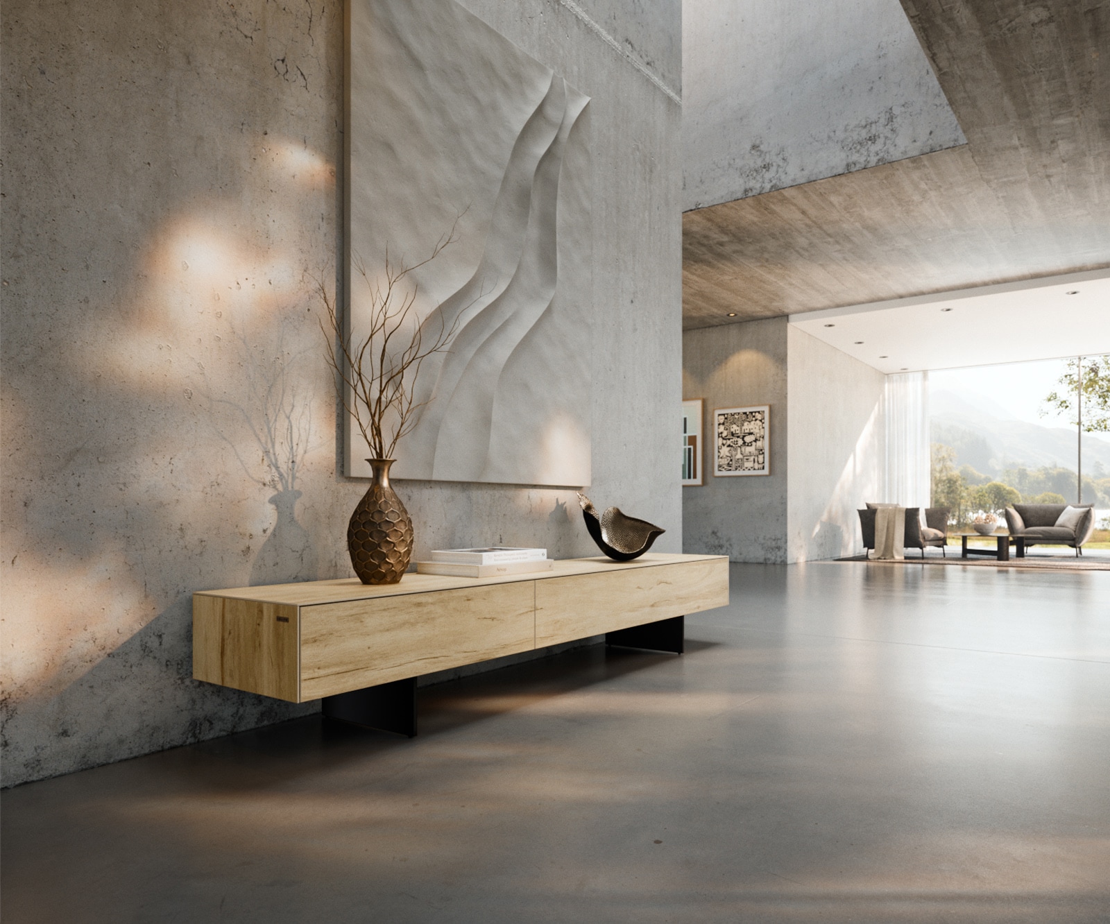 DELIFE Lowboard Cuor 200 cm Keramik Laminam® Sabbia Eichefarbig 1 Klappe 1 Schubfach Fuß Schwebeoptik Metall Schwarz, Lowboards Image