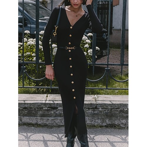 Damen Pullover Kleid Elegant Lässig Weich Einfarbig Gerippt V Ausschnitt Gestrickt Langarm Lange Oberteile Stricken Outdoor Täglich Wochenende Schwarz Wein Frühling Herbst Image