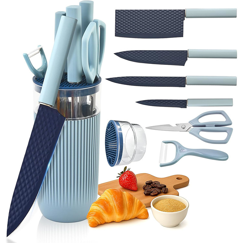 Knife Set 7-Piece Kitchen Knife Set with Sharp Chef and Meat Knives Anti-Rust Utility Knives Set for Kitchen Kitchen Knife Block SetBlue