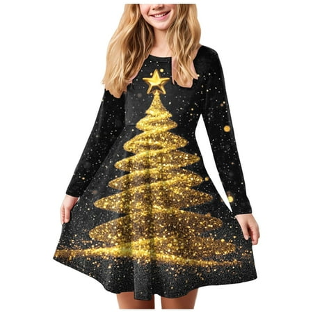 yocbz Tulle Christmas Dress Girls Dresses Long Sleeve Christmas Prints Princess Dress Dance Party Dresses Little Girl Dresses Black Size for 11-12 Years