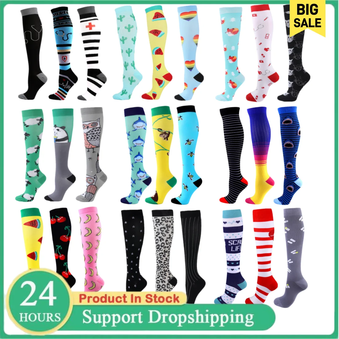 3 Paar Sport-Kompressionssocken für Männer und Frauen, Kniestrumpf, 20–30 mmHg, Ödeme, Diabetes, Krampfadern, Krankenschwester-Socken, Laufen, Yoga-Socken Image