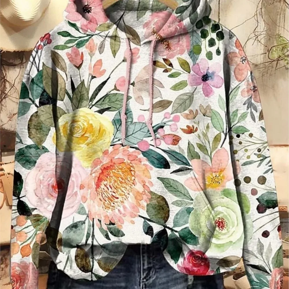 Frauen Hoodie Herz Floral Grafik 3D Druck Hoodies Streetwear Übergroße Pullover Y2K Mit Kapuze Sweatshirts Tops Weibliche Kleidung Image