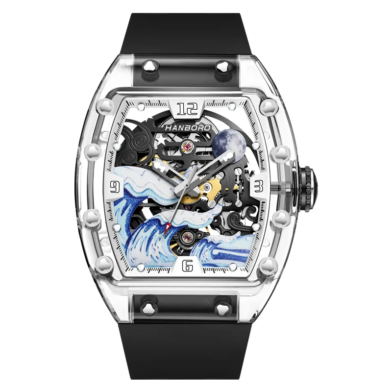 HANBORO Starry Van Gogh-Kollektion, personalisierte Welle, personalisiertes Design, Zifferblatt, Acrylgehäuse, automatische mechanische Herrenuhr Image