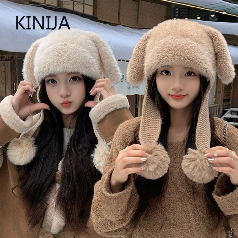 Kaninchen Frauen Plüsch Beanie Cap Süße Mädchen Ohr Schutz Hut Winter Verdicken Warme Kopfbedeckungen Motorhaube Koreanische Pullover Kappe Image