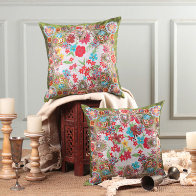 Garden of Paradise,'2 Floral Embroidered Cushion Covers with Front Cotton Panel'