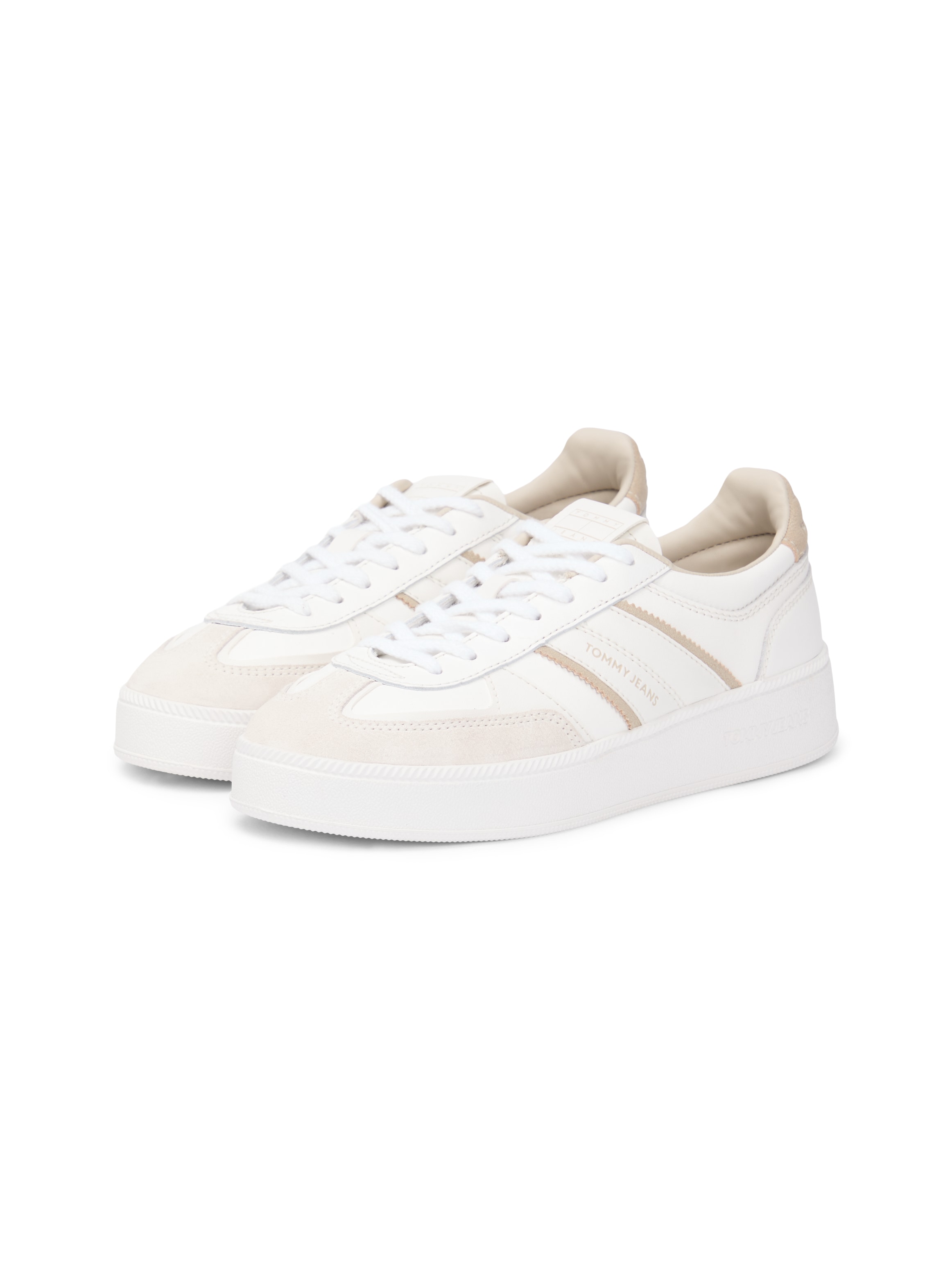 Plateausneaker TOMMY JEANS "THE GREENWICH EDGE FLATFORM", Damen, Gr. 36, beige, hellbraun, Leder, Lederimitat, Veloursleder, Schuhe Plateausneaker