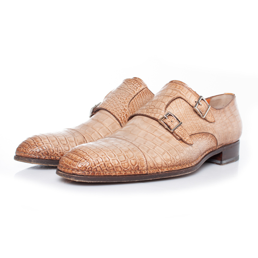 Santoni Double Monk Strap Schuh in braunem Alligatorleder