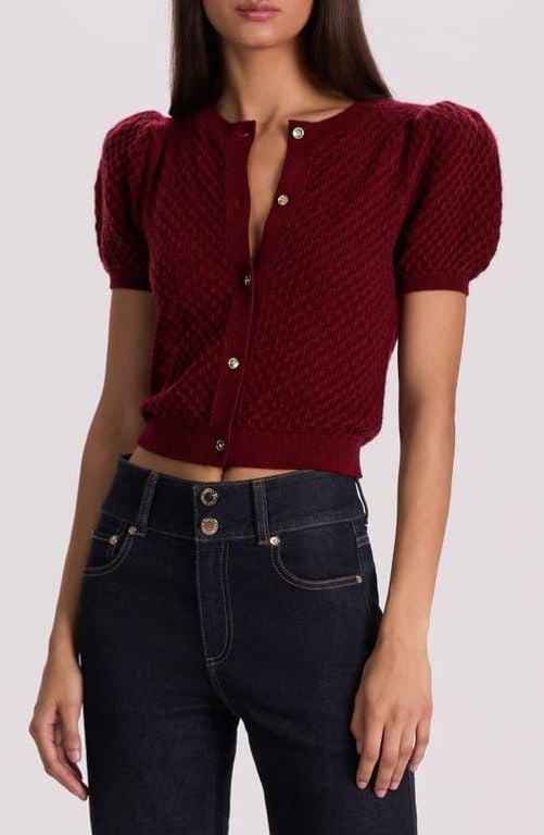 Sabine Puff Sleeve Crop Cashmere Blend Sweater - Red - Alice + Olivia Knitwear