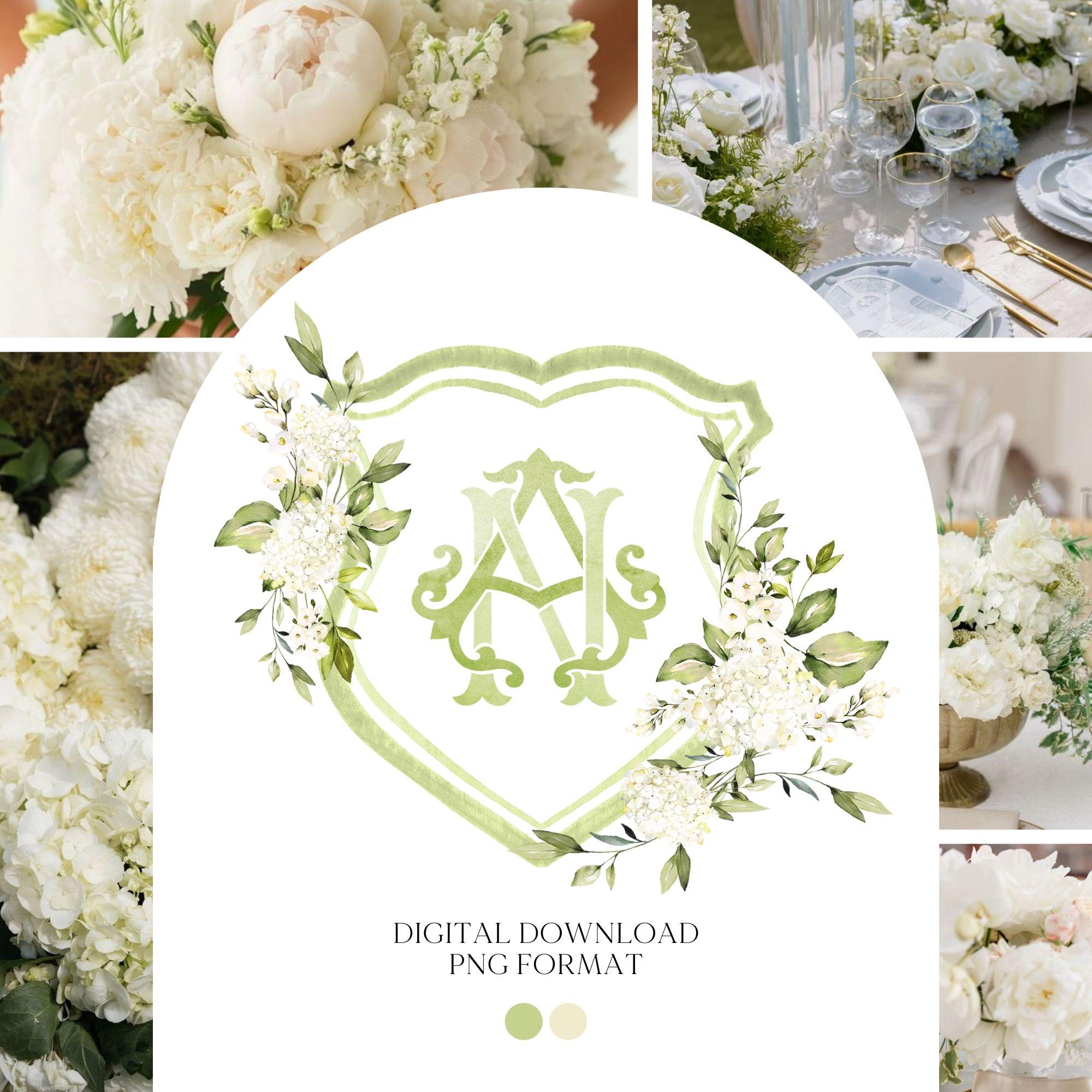 Stemma nuziale con fiori di ortensia bianca e verde - Stemma monogramma - Stemma nuziale di lusso con fiori di ortensia e acquerello - Stemma nuziale