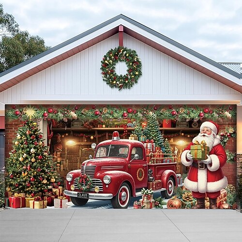 Copertura per porta da garage natalizia, casa di Babbo Natale, grande sfondo appeso, 2 auto, decorazione per feste all'aperto, stampa piatta 2D, striscione da parete festivo, cortile, casa, scena natalizia, sfondo 78 piedi