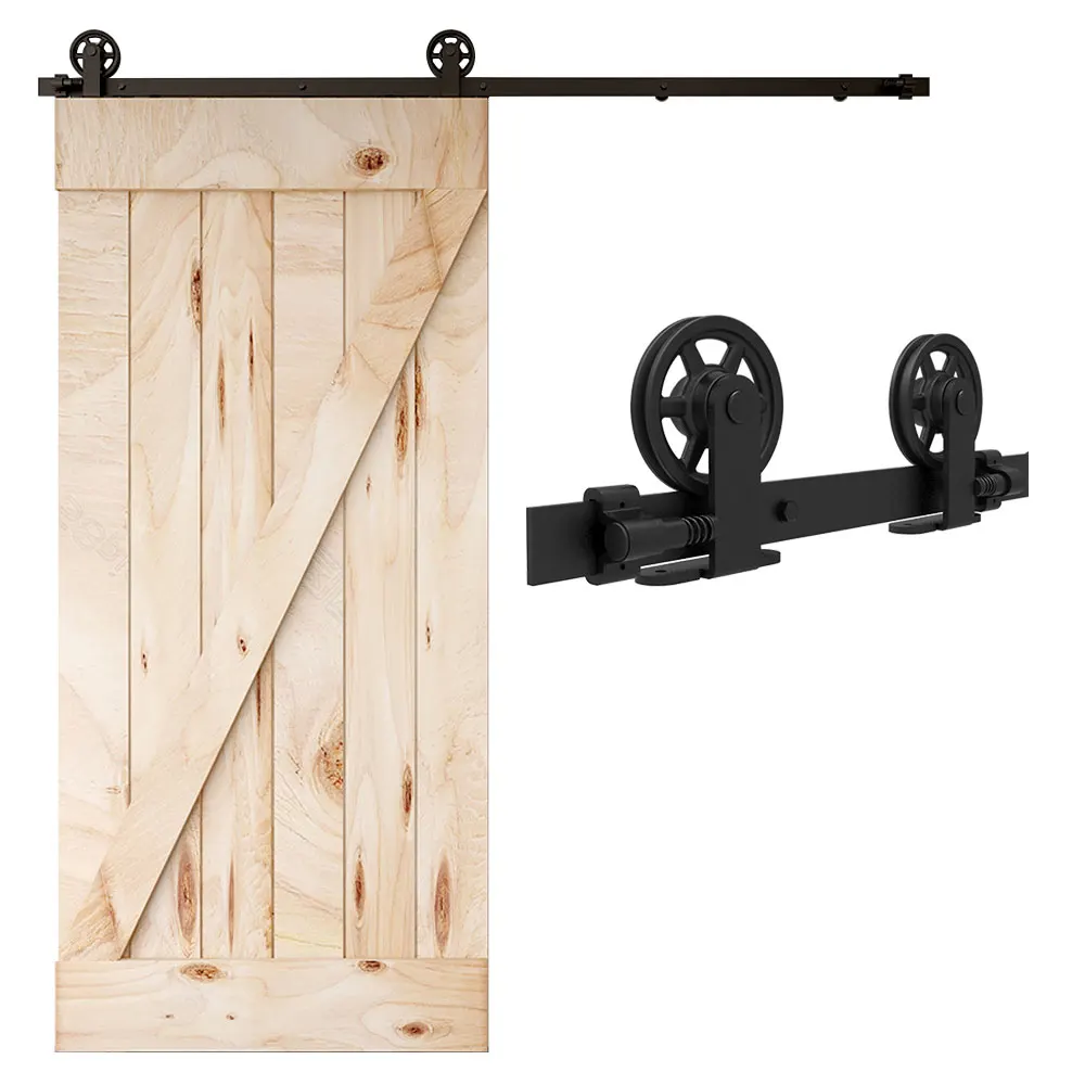 TSMST Heavy Duty Scheunentor-Hardware-Kit für Holz, einzelne Scheunentür, schwarze Industrieschiene + mittleres Rad, T-förmige Rolle