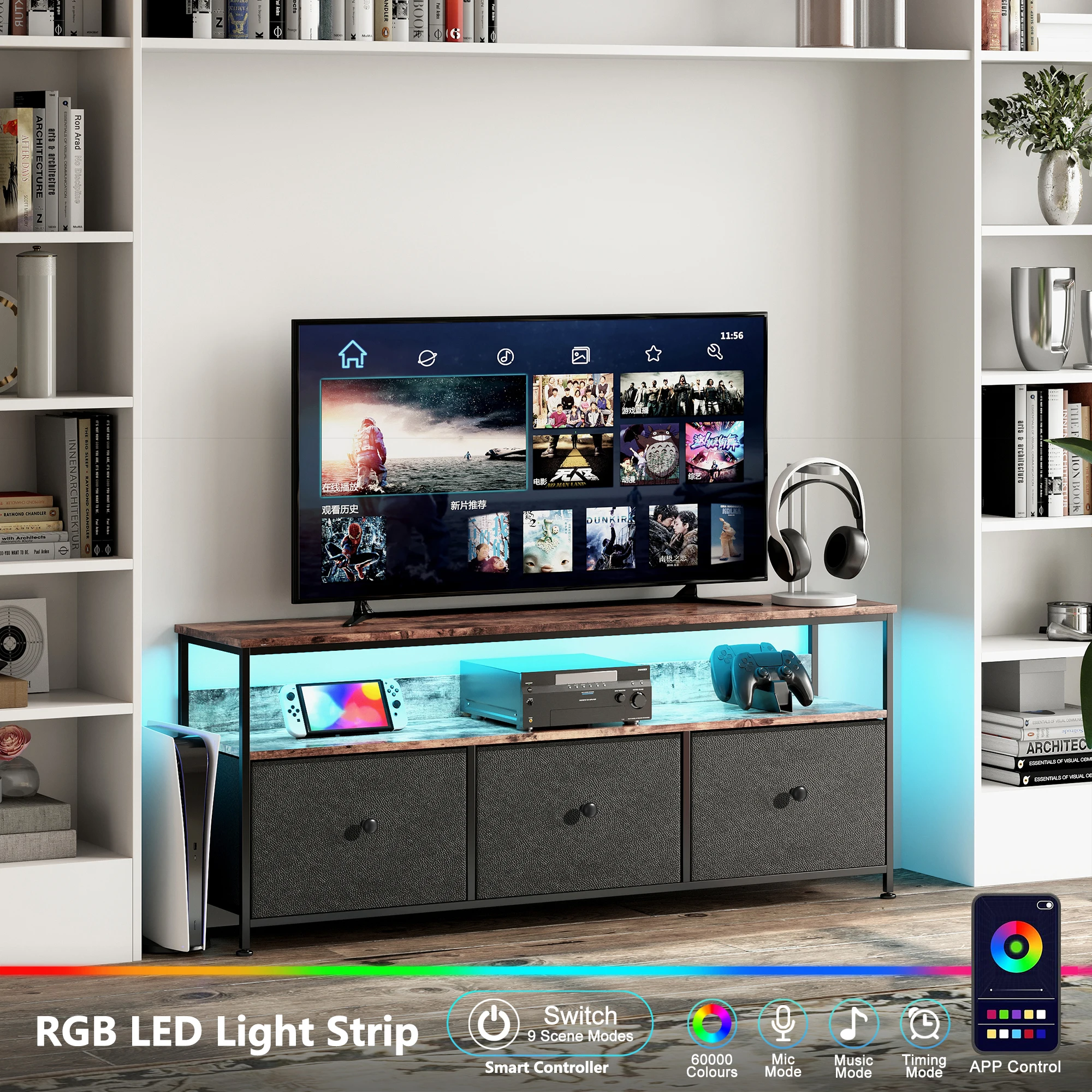 Rosahqnda TV-Ständer, TV-Schrank, 108 x 30 x 57 cm, Aufbewahrungsschrank für 54-Zoll-Fernseher, Wohnzimmer, Schlafzimmermöbel