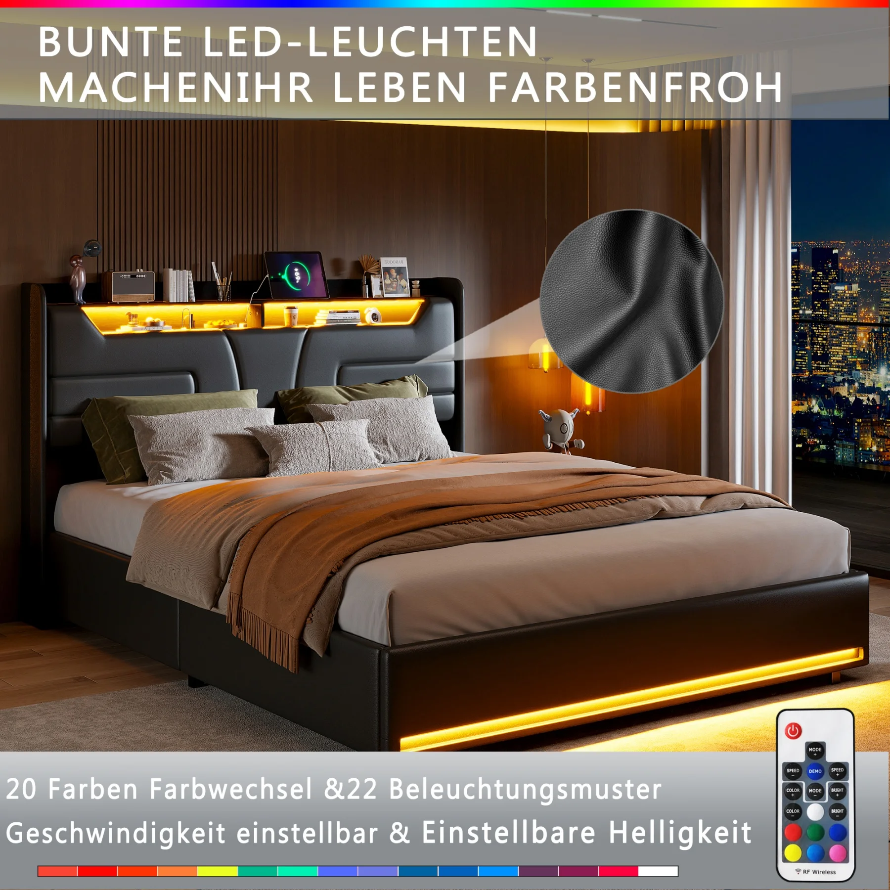 Rosahqnda Polsterbett mit LED-Beleuchtung, modernes Doppelbett, hydraulisches Bett, Jugendbett, Bett mit Stauraum, PU, ​ ohne Matratze