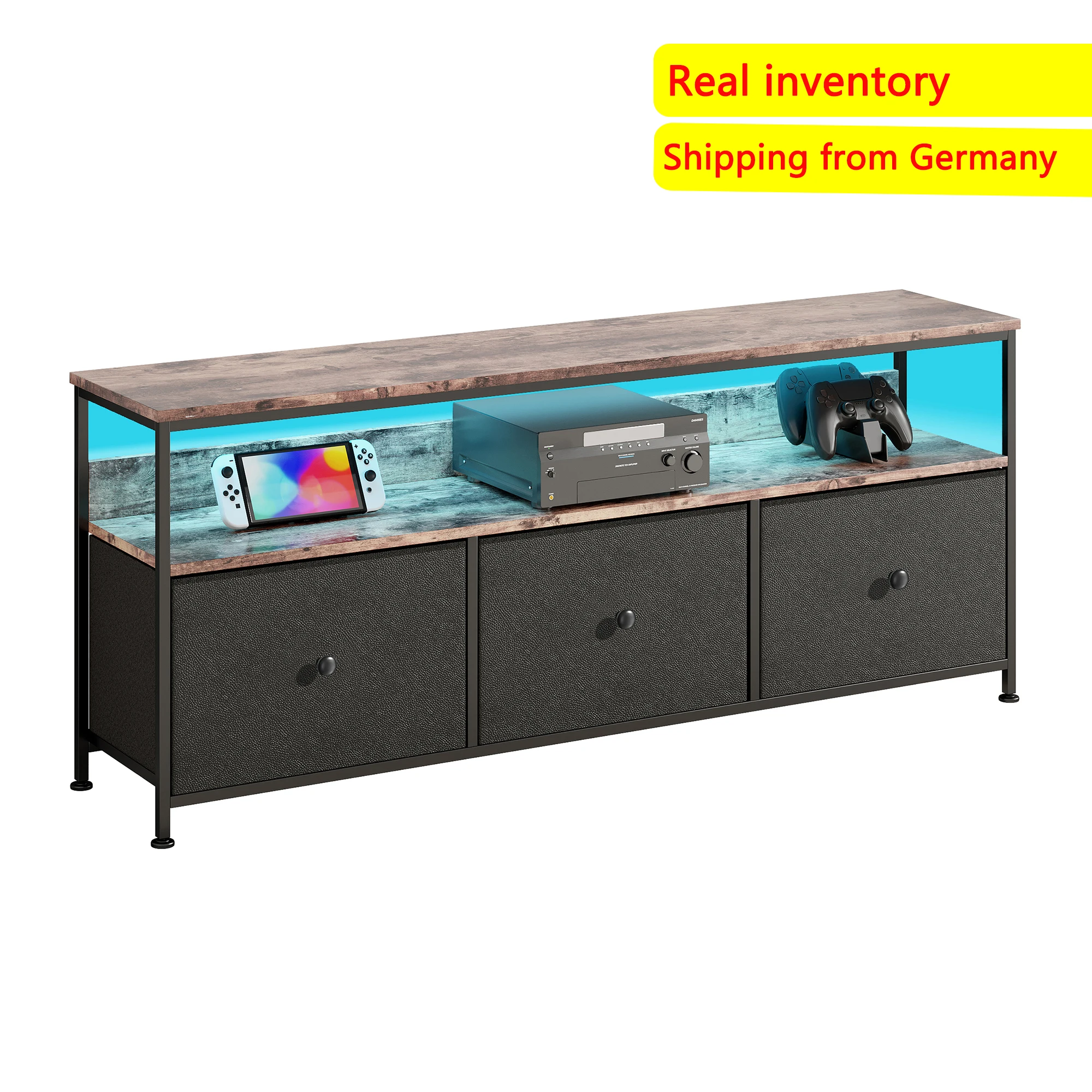 Comanlai LED-TV-Schrank, Vintage-TV-Schrank mit LED-Beleuchtung, Schrank mit 3 Schubladen und Regalen, TV-Tisch, für Wohnzimmer, Schlafzimmer