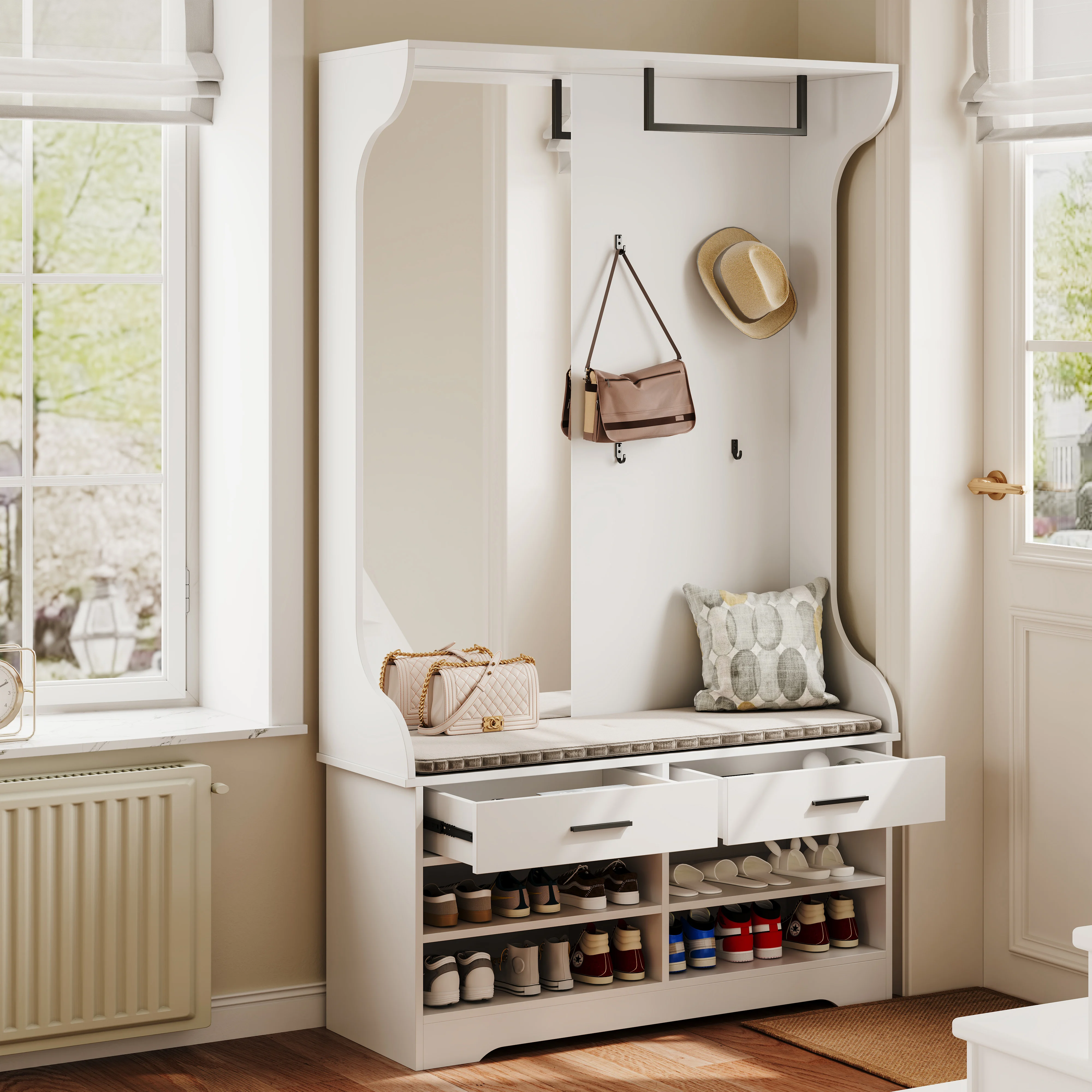 Garderobenset Wandgarderobe, Flurgarderobe Set mit Spiegel und Schuhschrank, Set mit 4 Kleiderhaken, mit Regal, 2 Schublade