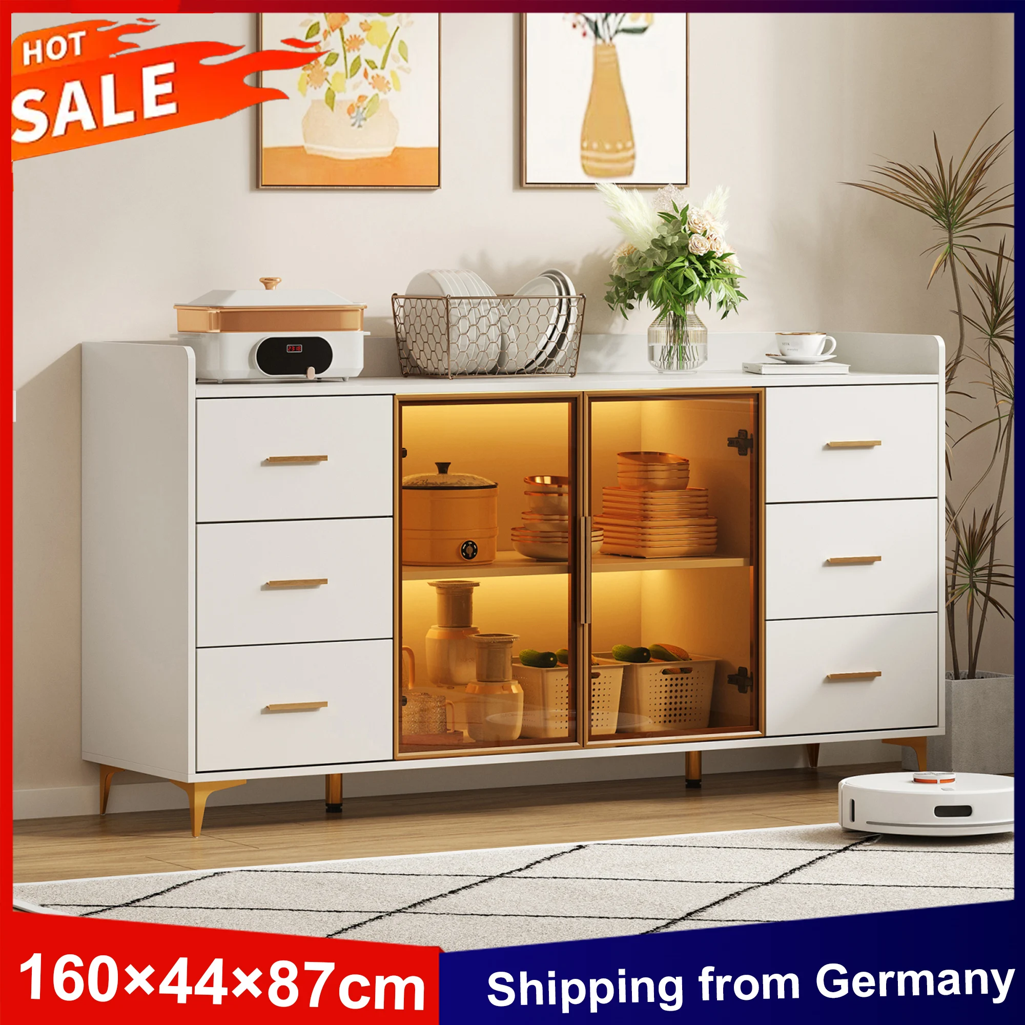 Anajqaqia 160×44×87cm Küchenschrank, 6 Schubladen, 2 Glastüren, LED-Licht, Sideboard, Buffetschrank, Kommode, Beistellschrank