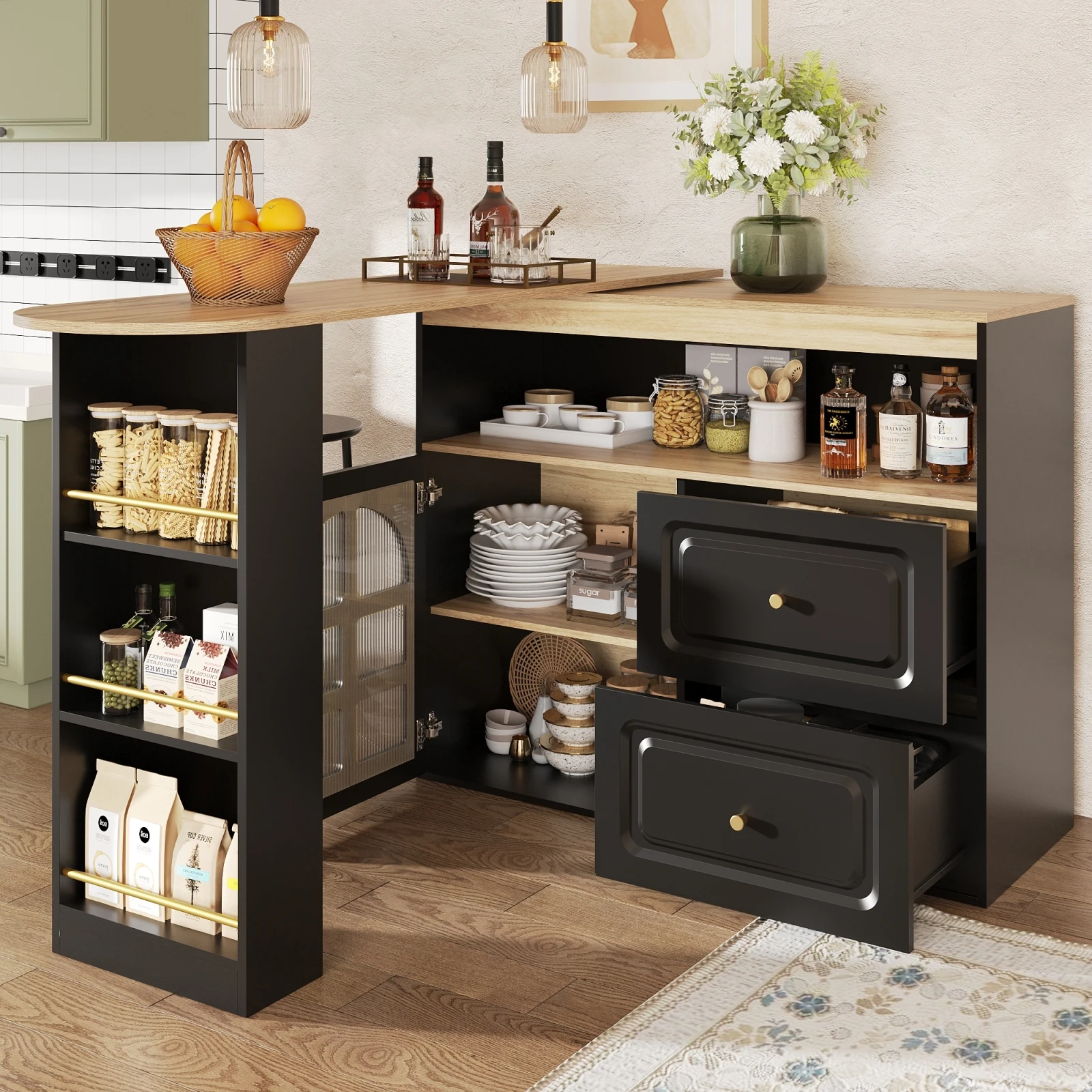 Anjqaqia Moderner Buffetschrank, 360° ° Drehbare Stange mit offenen Ablagefächern, mit Regalen und gebogenem Glas, Schwarz