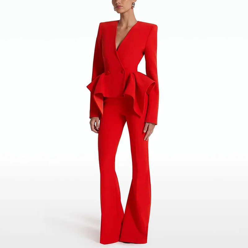 Blazer con design a volant con scollo a V rosso sexy + pantaloni a zampa d'elefante Set di pantaloni da donna Set di due pezzi Set di giacca con bottone singolo Party Evening Club