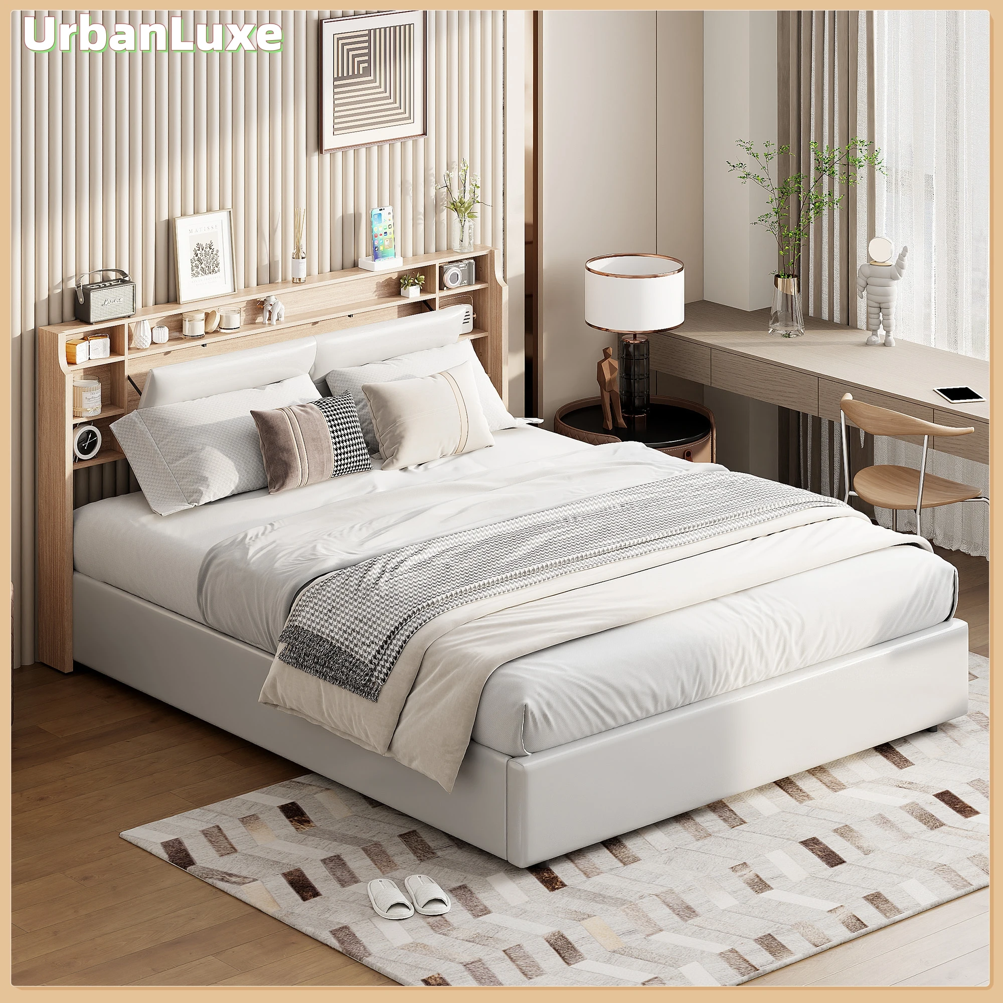 UrbanLuxe Doppelbett 160x200 cm, Stauraum am Kopfende des Bettes, mit Klappklappe zur Aufbewahrung, Lattenrost, weiß