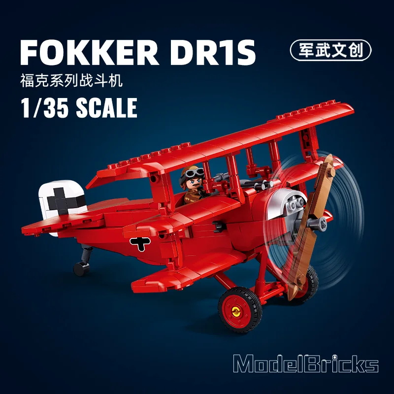Sluban WW1 1/32 Fokker DR-1 Kampfflugzeug Modell Bausteine Militär Rot Baron Air Force Flugzeug DIY Bricks Set Kinder Spielzeug Geschenk Image