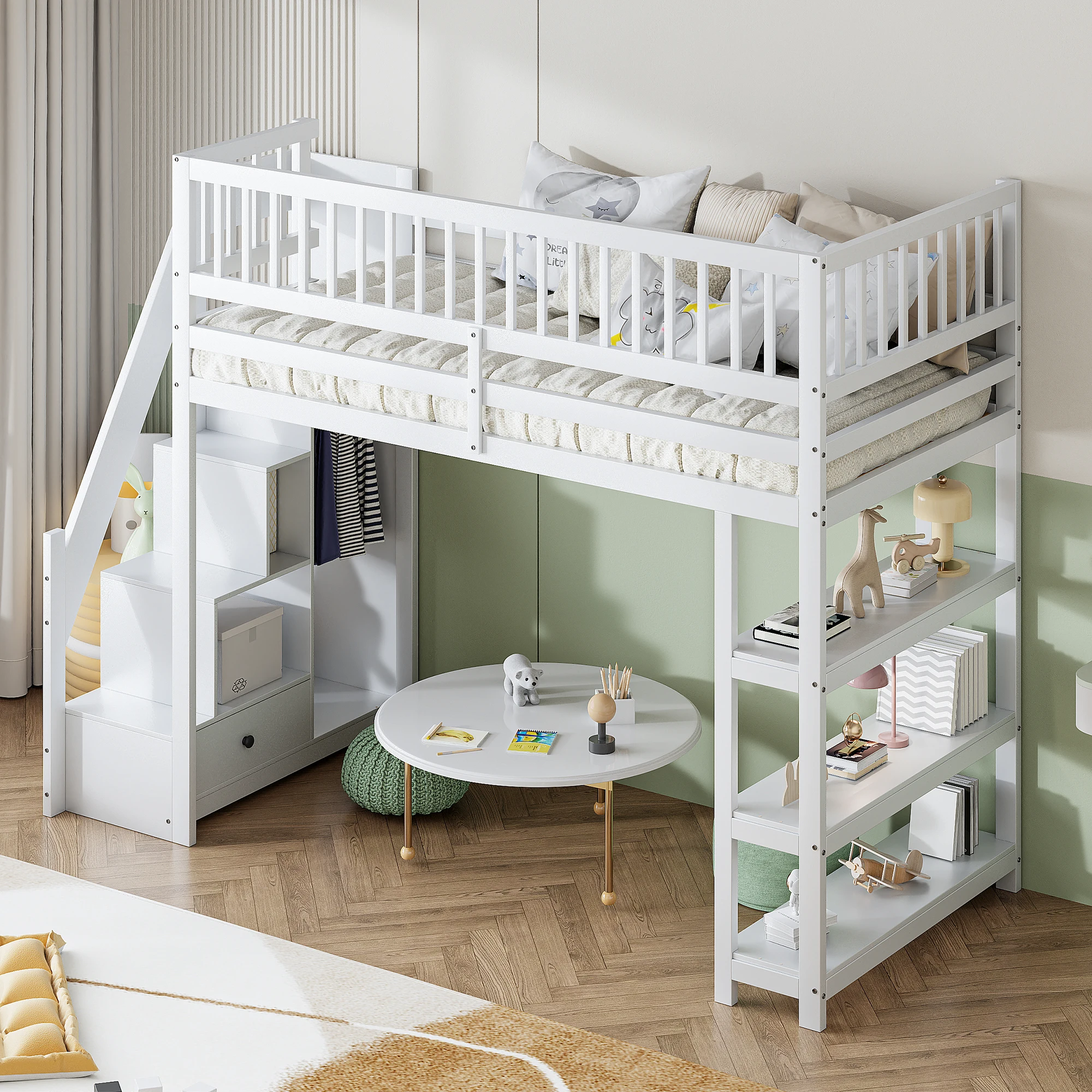 Hochbett Massivholzbett mit Stauraum, Regalen Und Sicherer Treppe, Ideal Für Kinderzimmer Und Jugendzimmer Image