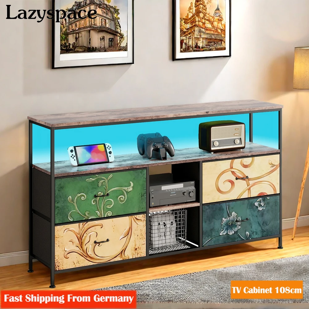 Lazyspace TV-Schrank 108 cm, Lowboard-TV-Tisch mit LED-Leuchten, Schubladen aus Stoff, offener Stauraum, Retro-TV-Ständer für Wohnzimmer