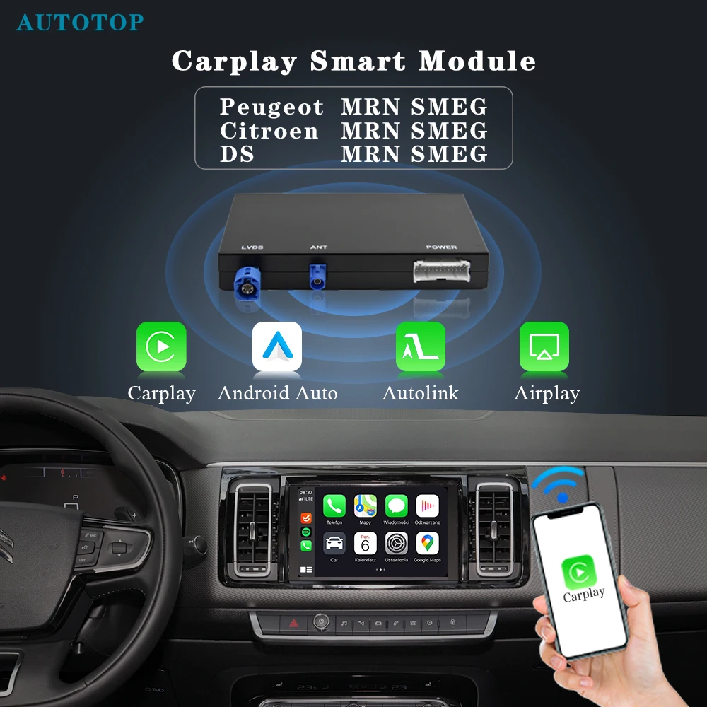 AUTOTOP Drahtlose CarPlay Android Auto Interface für Peugeot Citroen DS SMEG MRN 208 508 3008 5008 C4 C5 C8 DS3 DS4 DS5 Airplay Image