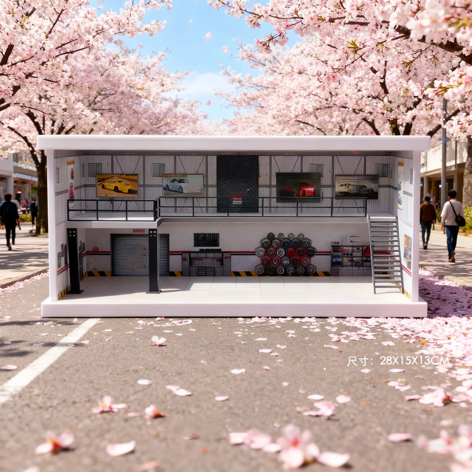 Diorama Autogarage im Maßstab 1:64, Ausstellungsraummodell, LED-beleuchtet, Wartungswerkstatt, Parkplatz, Szene, Ausstellungsmodell Image