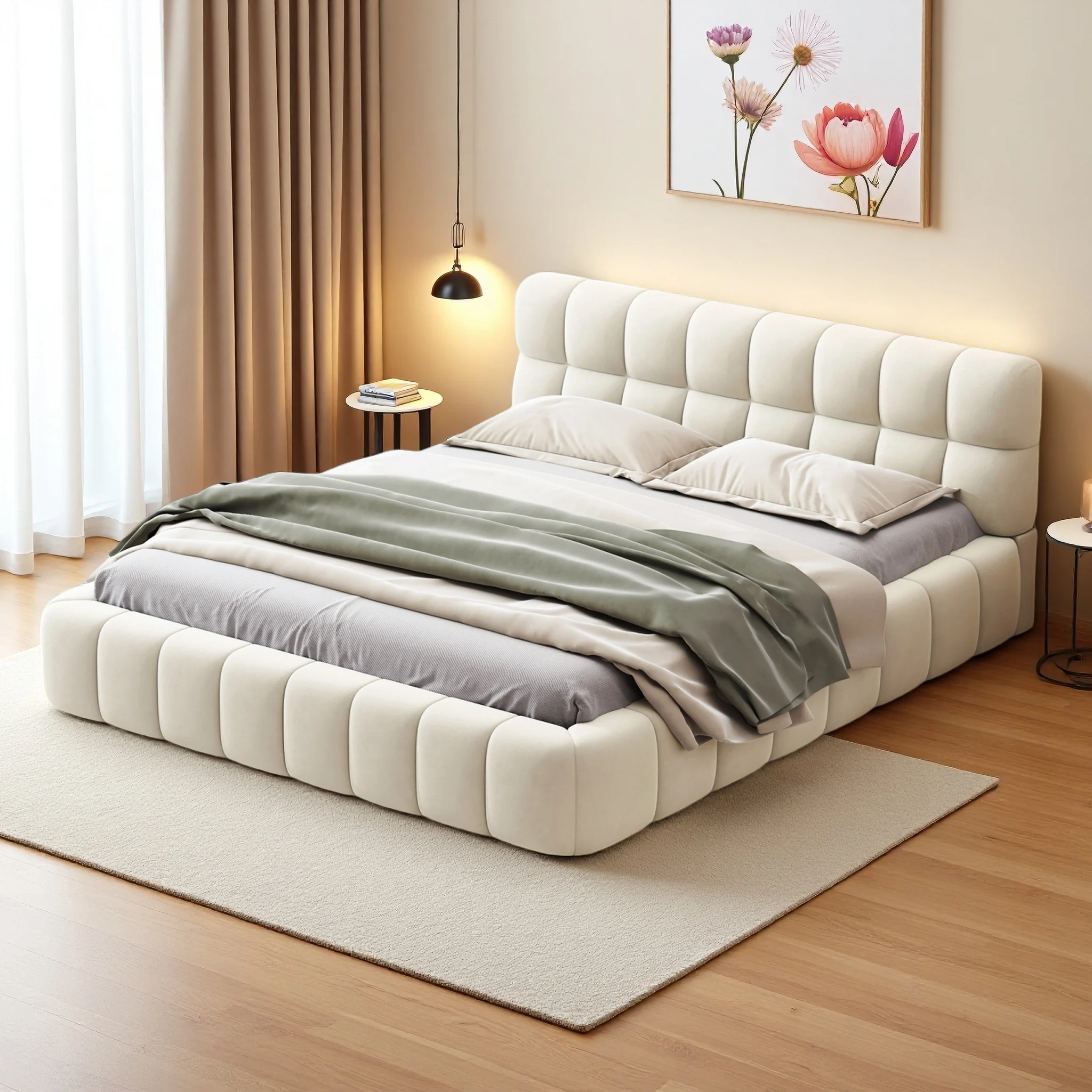 Polsterbett Bubble Bett 140x200cm, Doppelbett mit Lattenrost und weicher Rückenlehne, Jugendbett Flachbett Bettgestell, Leinen, ohne Matratze Image