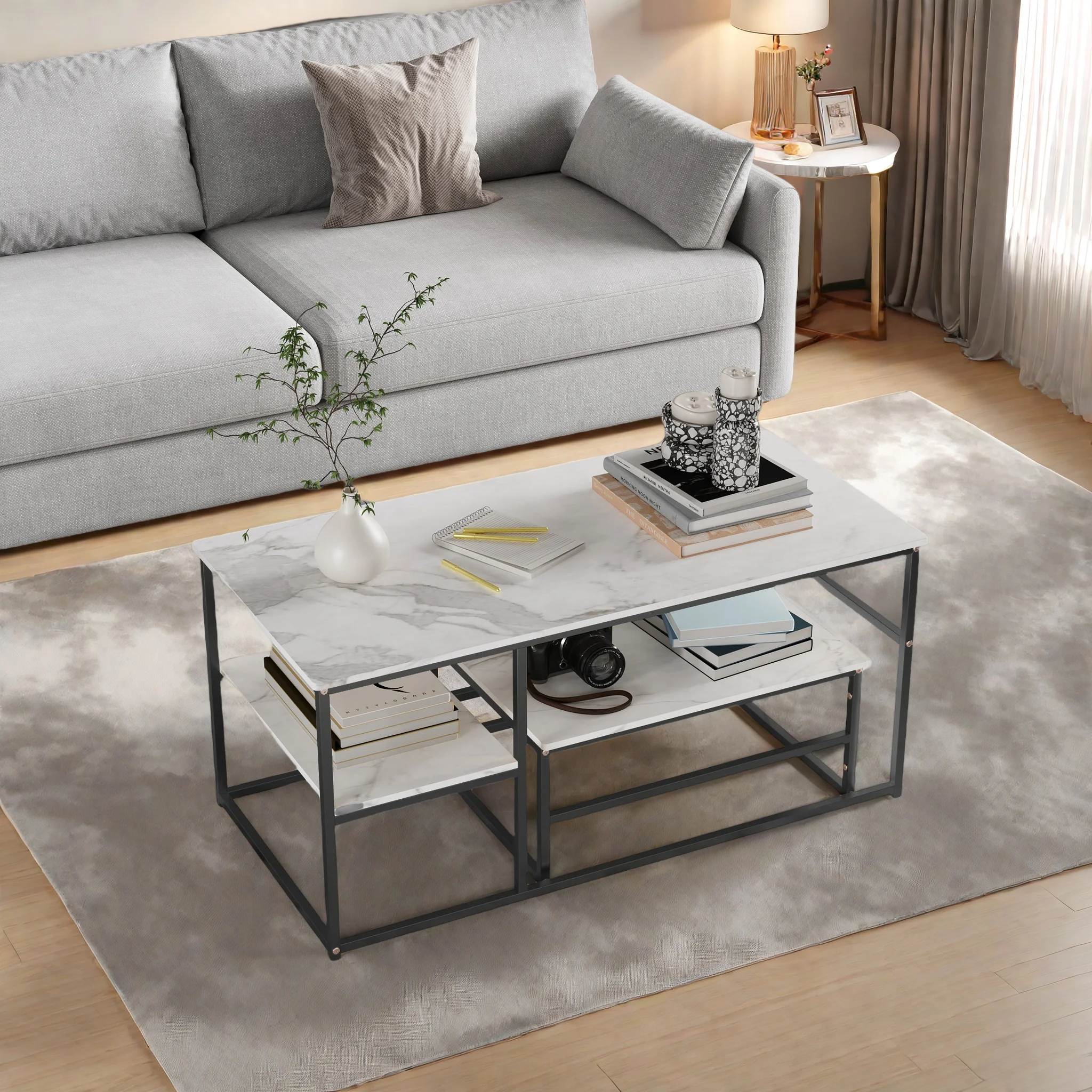 Rosahqnda 2er-Set Couchtische, Beistelltische, Marmoroptik mit Metallrahmen und Regal, Couchtisch, Wohnzimmertisch