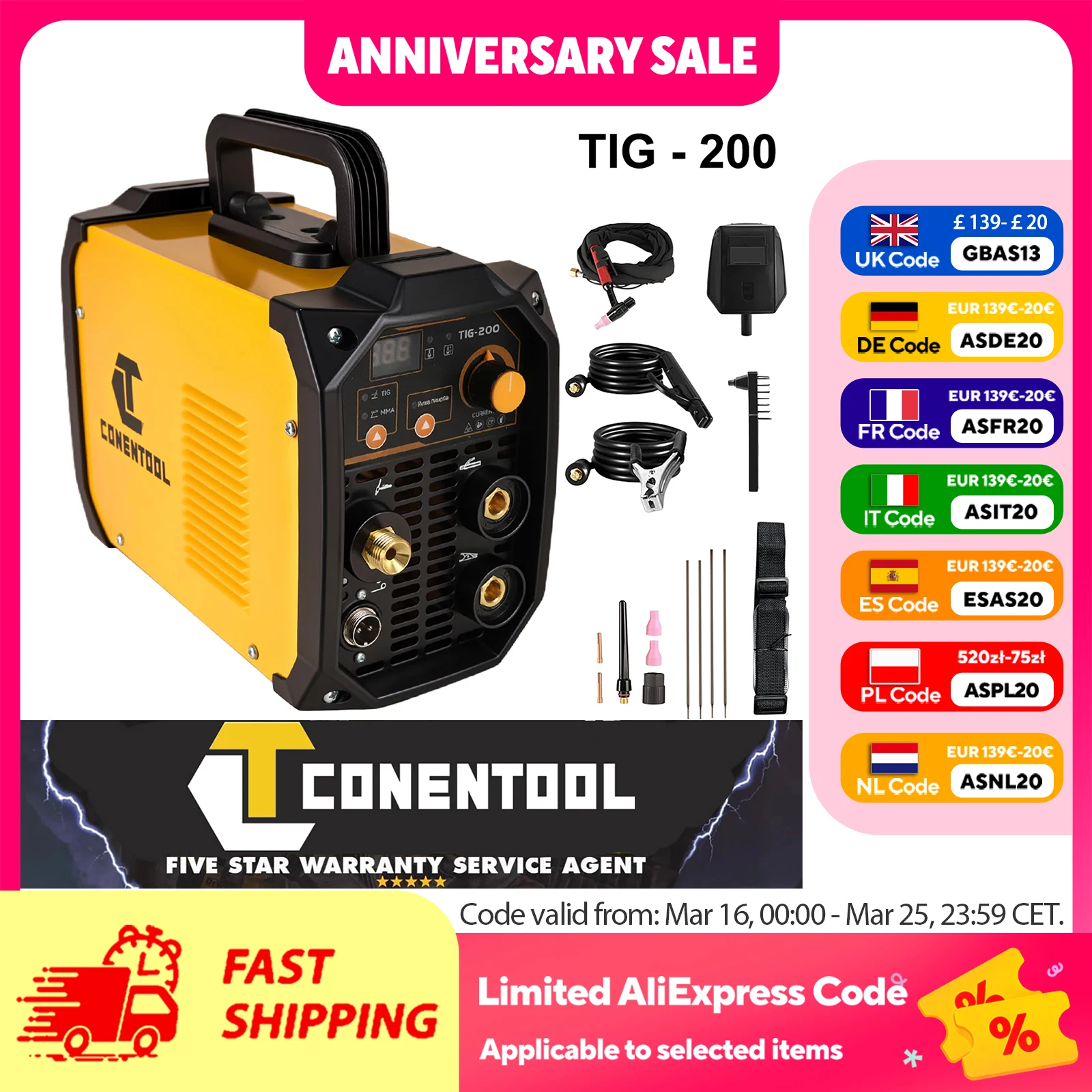 CONENTOOL WIG-Schweißgerät 200 A HF WIG/MMA-Schweißgerät, Digitalanzeige, Schweißgerät aus Kohlenstoffstahl, Eisen, Edelstahl, mit WIG-Brenner Image