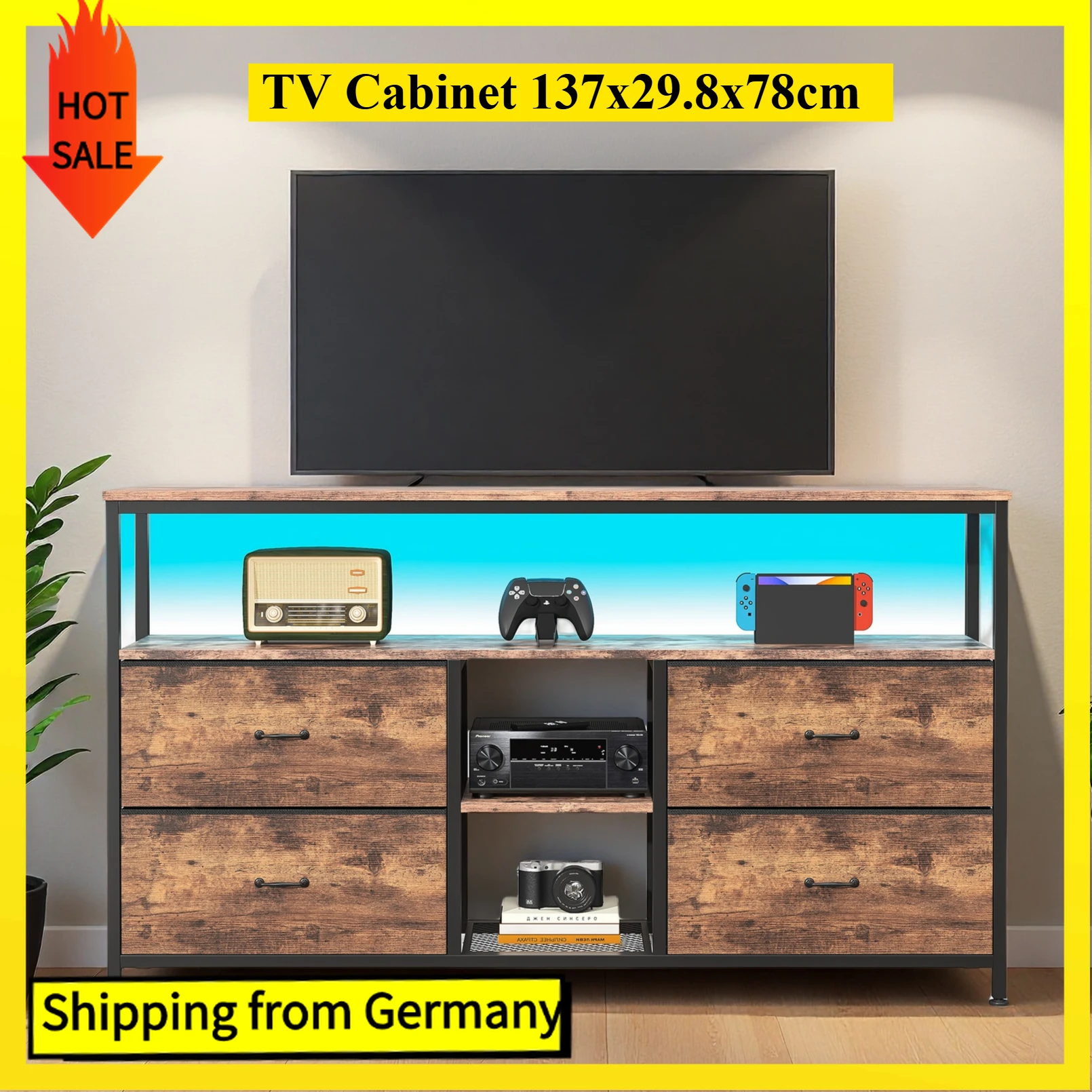 Comanlai 137 cm TV-Schrank mit LED und 4 Stoffschubladen, Vintage-TV-Ständer aus Holz mit offenen Fächern, Sideboard für Wohnzimmer