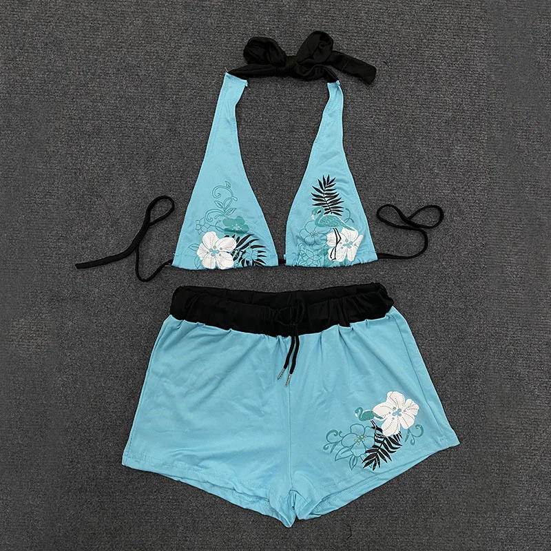 Lässiger Ästhetizismus, Urlaub am Meer, sexy Damen-Bikini, Briefdruck, Kontrast-Shorts, Anzug, Retro-Spice-Girl, rückenfrei, Y2k-Badeanzug Image