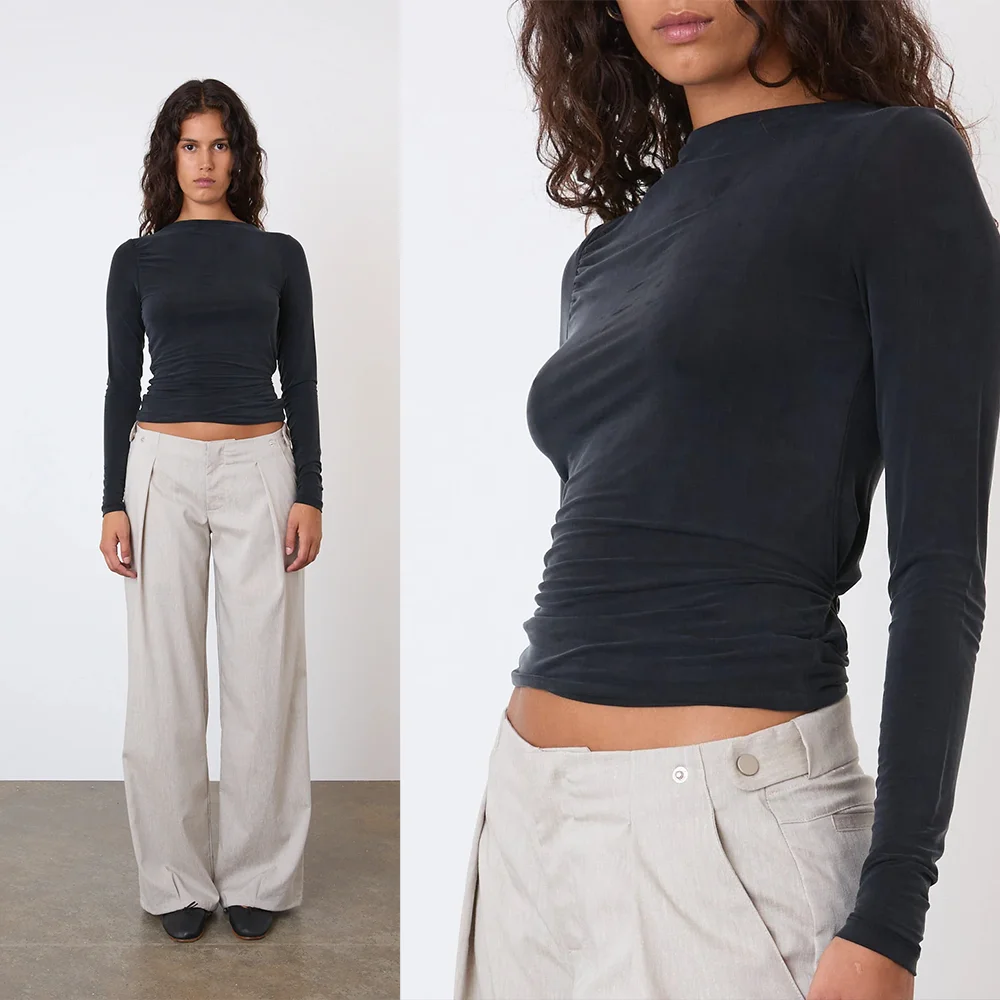 Peachy Hot Girl Style Inner Layering Top, Black Waist-Cinching Top, Vintage Texture Long-Sleeve Cropped Top, Autumn Slim-Fit Slimming Top, Women