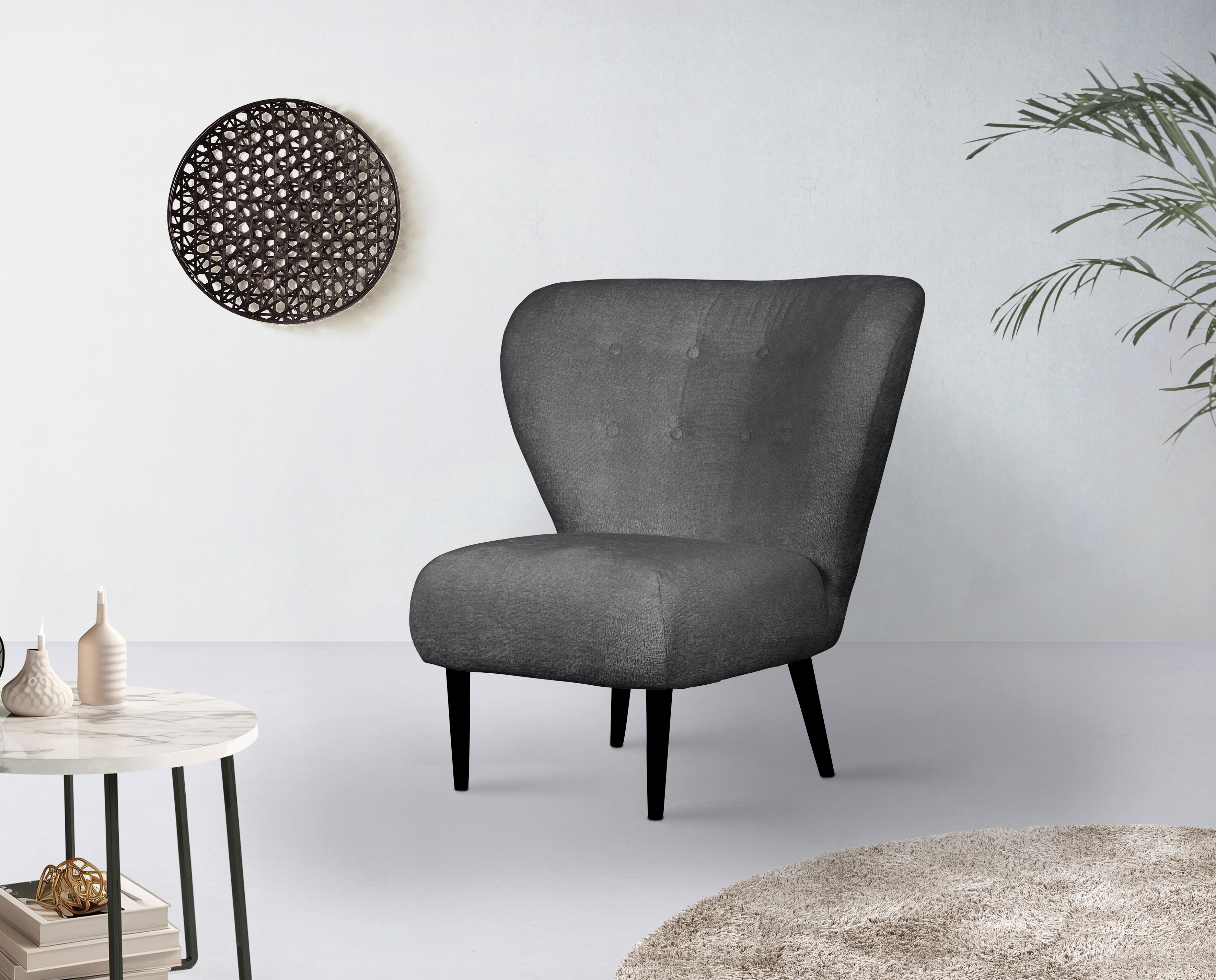 Sessel "Dinah", grau (anthrazit), B:84cm H:92cm T:83cm, 100% Polyester, LEGER HOME BY LENA GERCKE, Sessel, Sessel Sessel mit Hocker Einzelsessel Ohrensessel mit Hocker Ohrensessel, Knopfheftung im Rücken, wahlweise mit oder ohne Hocker