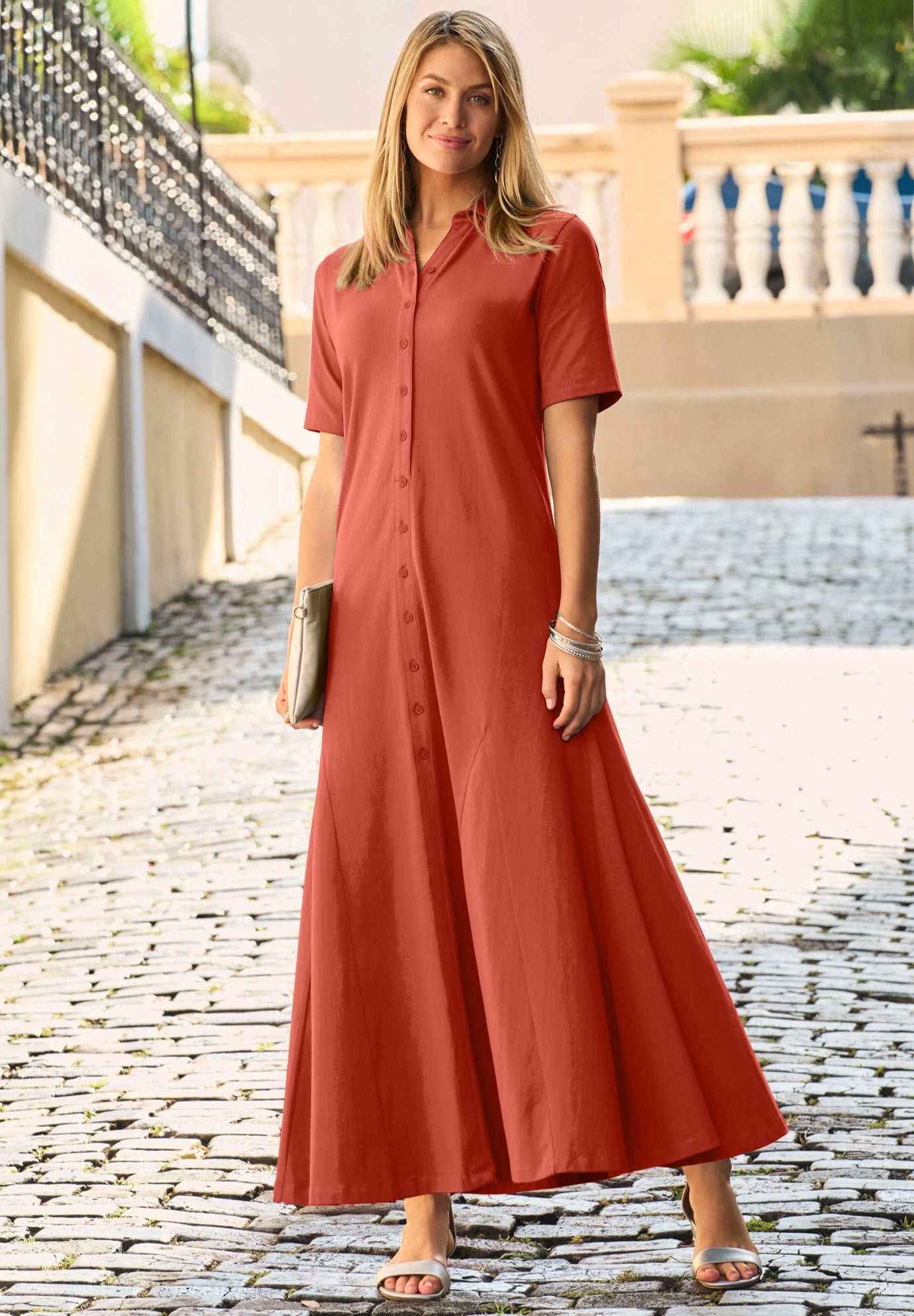 Plus Size Women's Stretch Cotton Button Front Maxi Dress by Jessica London in Burnt Red (Size 28 W)