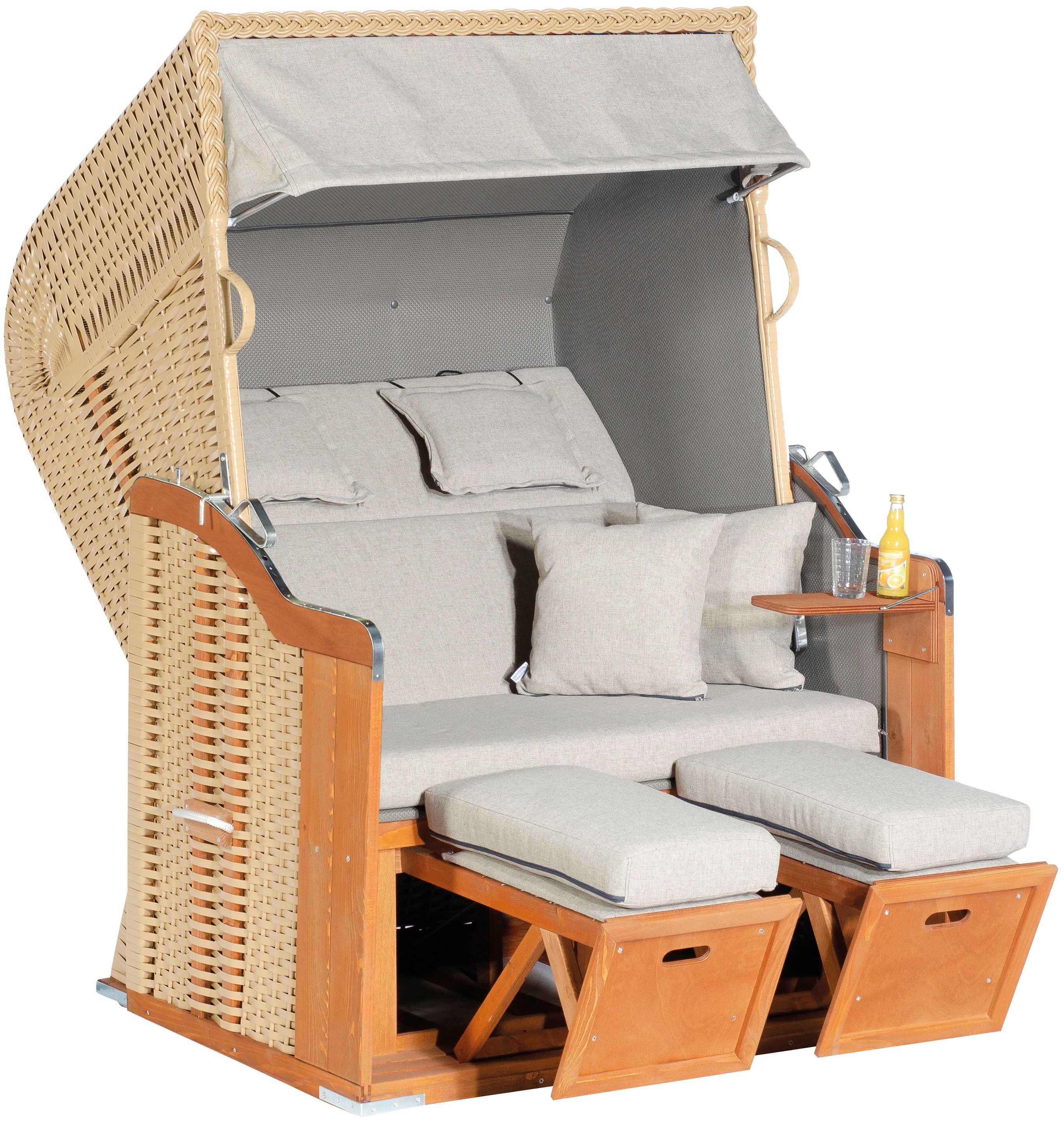 Strandkorb SUNNYSMART "Rustikal 255 Plus", beige (korpus: natur, beige bezug: beige, taupe), B:125cm H:160cm T:90cm, Strandkörbe, Strandkorb, 2-Sitzer, komplett montiert, Oberkorb in einem Stück geflochten