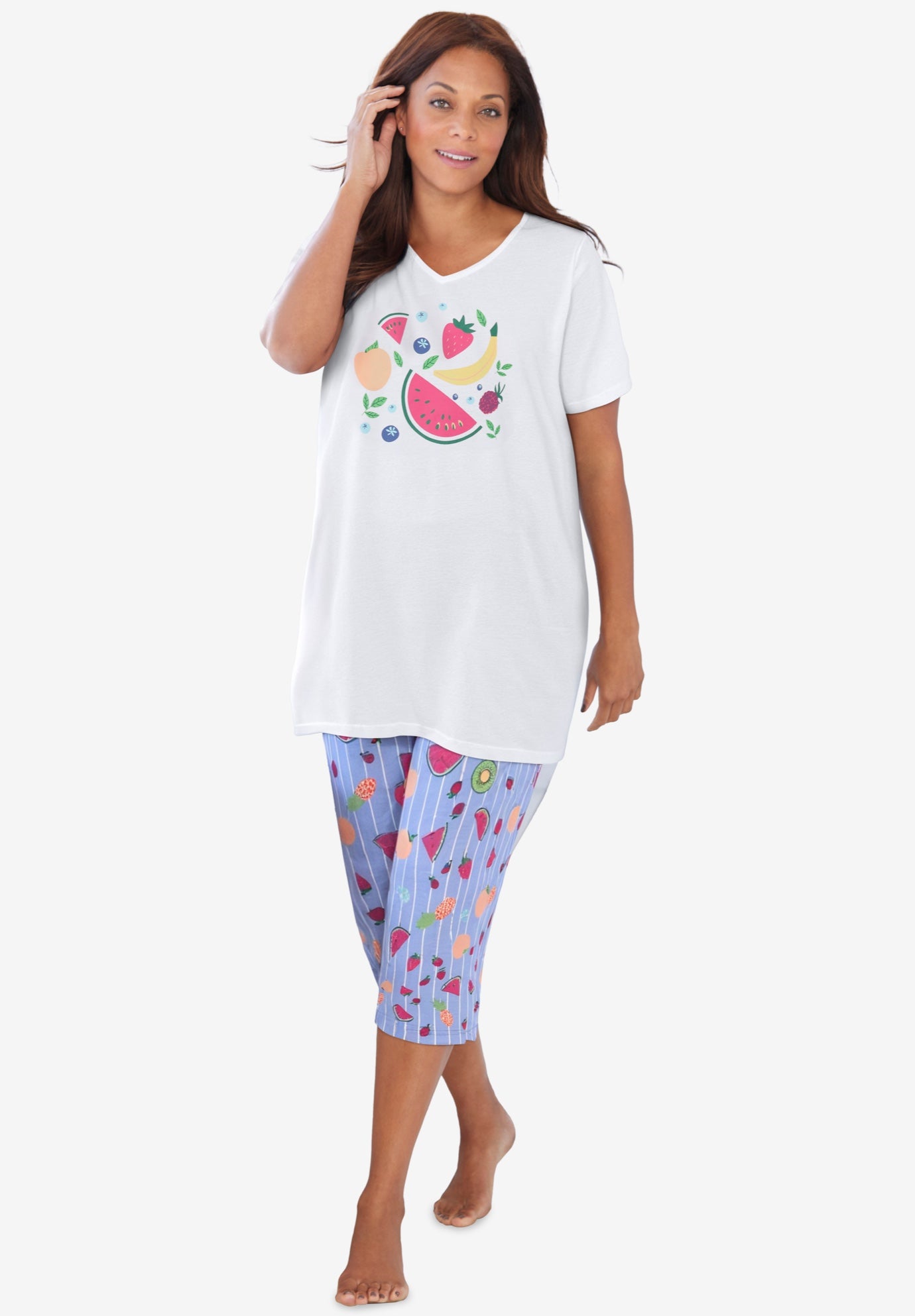 Plus Size Women's 2-Piece Capri PJ Set by Dreams & Co. in Multi Fruit (Size 1X) Pajamas