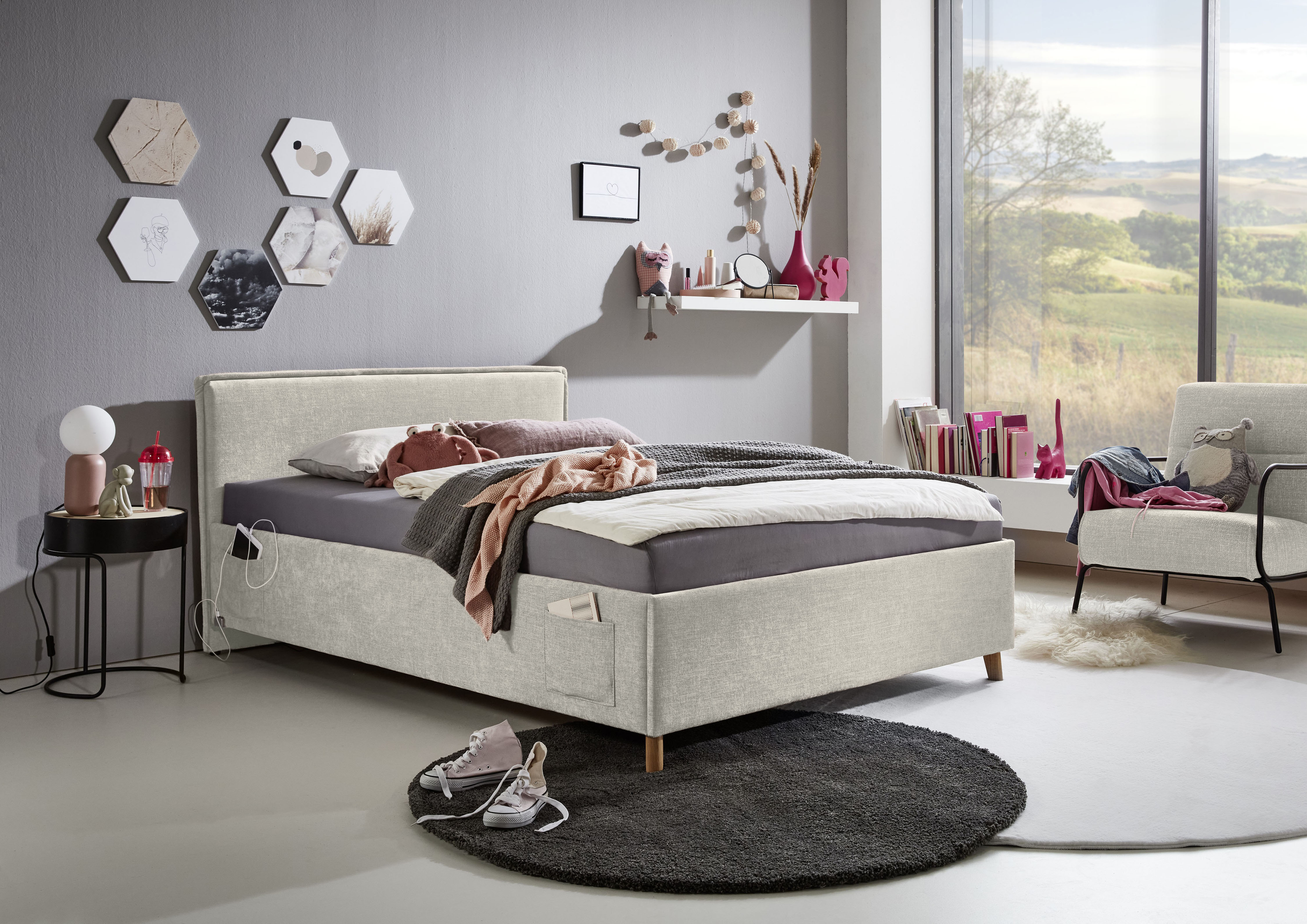 Kinderbett MEISE.MÖBEL "FUN", beige (beige, beige), B:133cm L:215cm, Betten, Kinderbett, Polsterbett wahlweise mit Bettkasten, Jugendbett inkl. USB-Anschluss