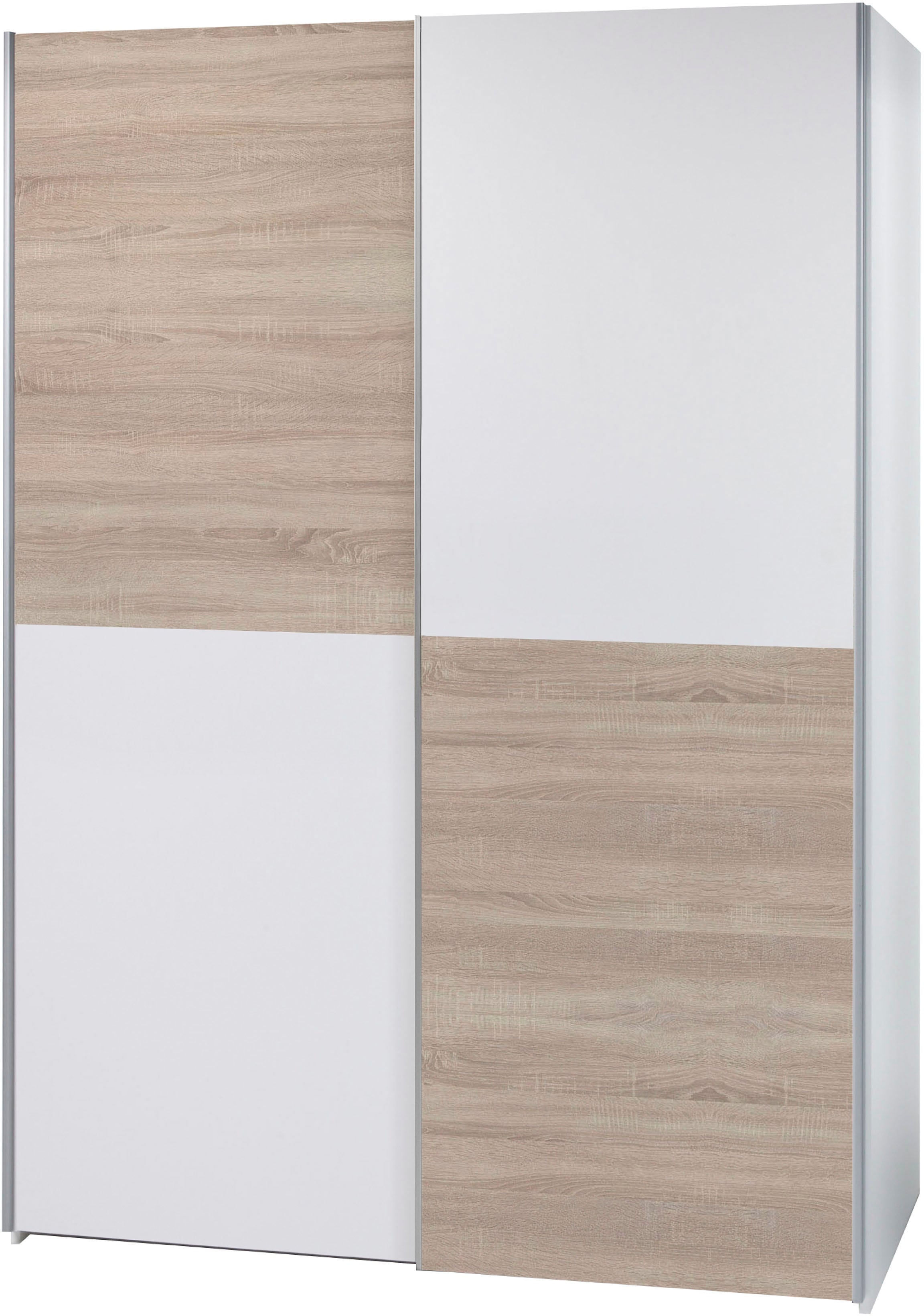 Schwebetürenschrank SCHLAFKONTOR "Time Schrank, Kleiderschrank mit Schiebetüren", weiß (weiß, eiche sonoma), B:170cm H:195cm T:57,5cm, Dekorfolie, Schränke, Schwebetürenschrank, 4 Türelemente als Schachbrettoptik