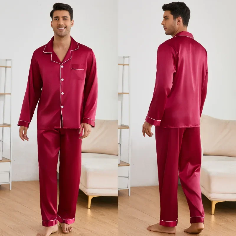 Men Sleepwear Satin Pajama Sets Long Sleeve Tops with Trousers Pajama Pj Sets Soft and Comfortable Autumn Pajamas Loungewear Set