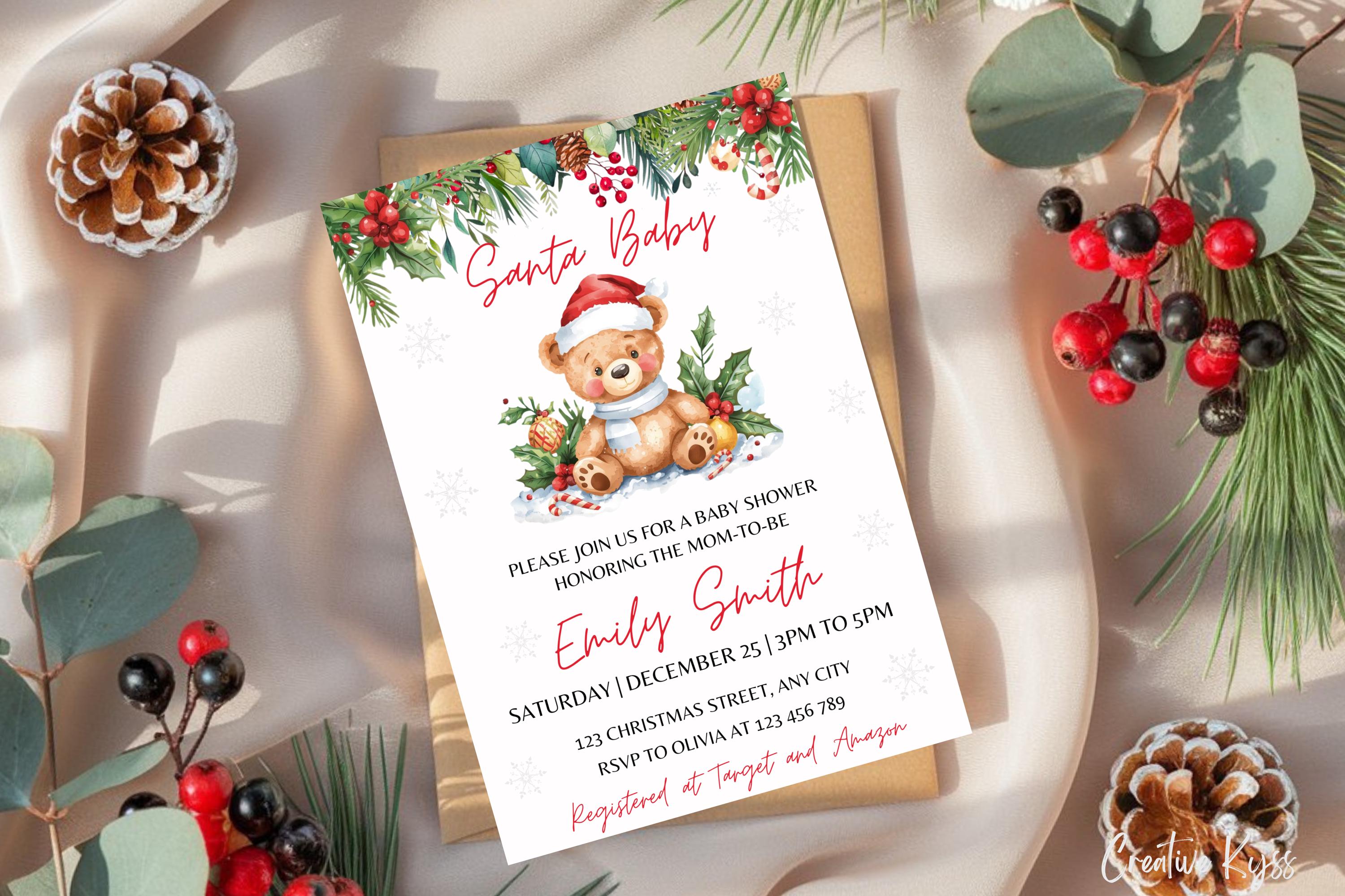 Invito per baby shower a tema Babbo Natale, modello per invito baby shower a tema Natale, invito baby shower a tema Babbo Natale, invito baby shower p