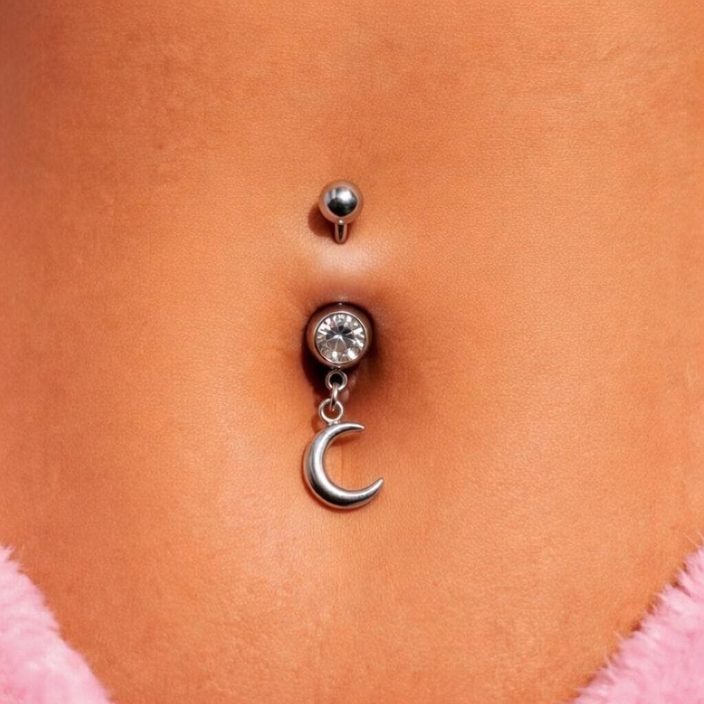 Piercing all'ombelico a forma di luna, piercing all'ombelico pendente, piercing all'ombelico in acciaio chirurgico, piercing all'ombelico a forma di l