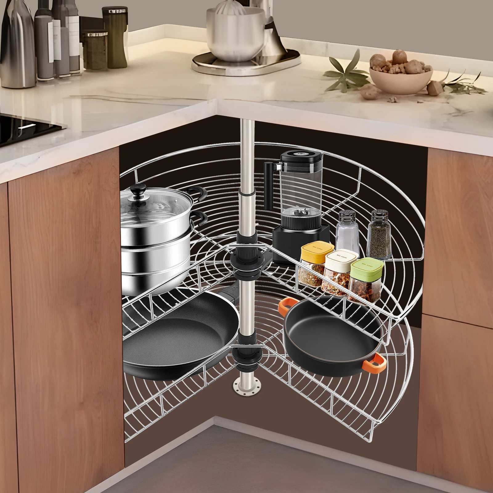 2-stöckig 270 ° Rotierender Eckschrank-Organizer, silberner, höhenverstellbarer Blind-Eck-Aufbewahrungskorb, ideal für Küchenbedarf Image