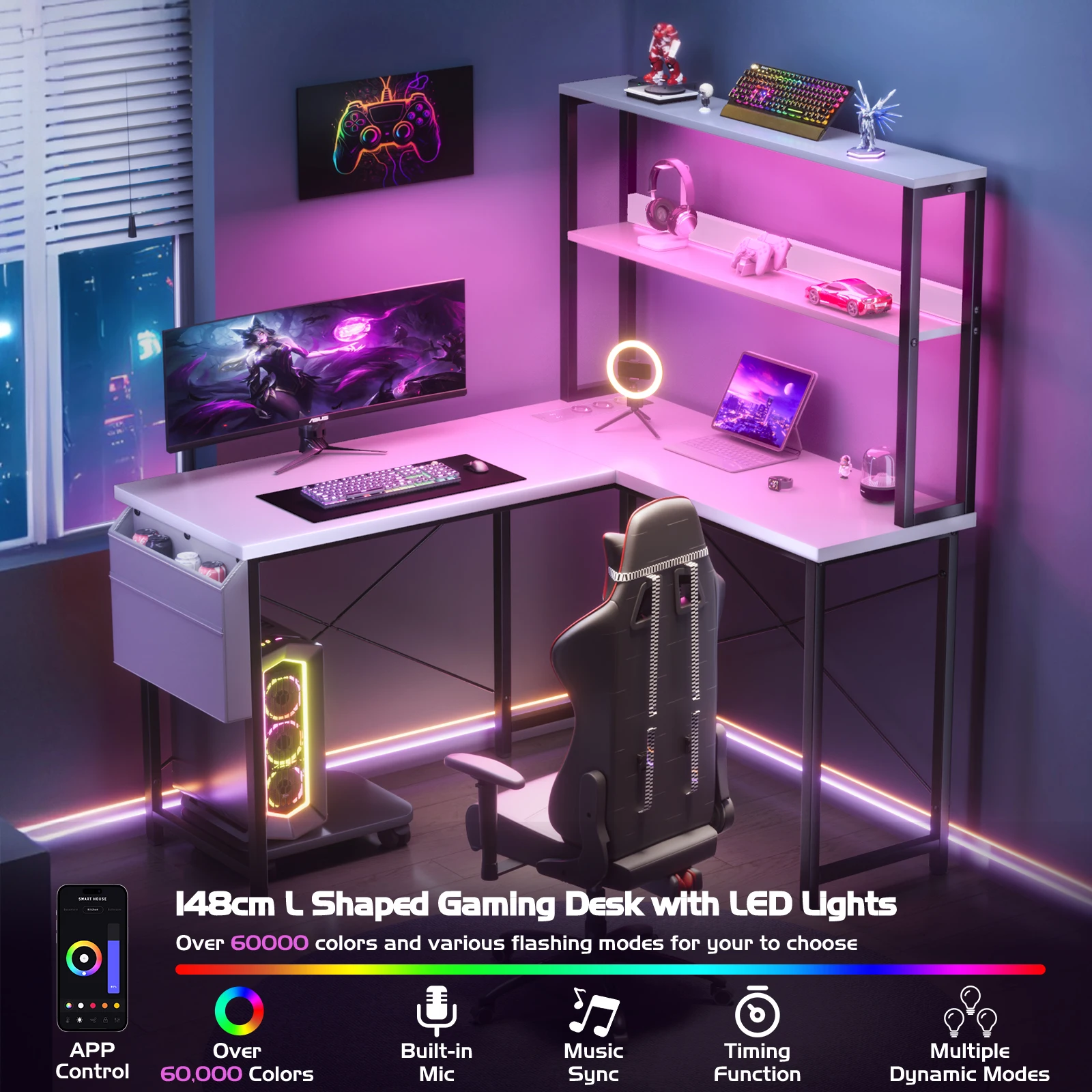 148cm L-Form Gaming Desk mit LED-Licht – Über 60.000 Farben,Musik-Sync,Umkehrbar–Perfekt für Gamer & Home Office! Image
