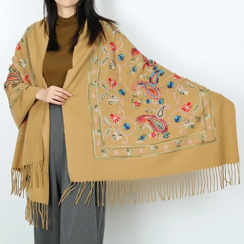 Pashmina Large Shawl Embroidery Cashmere Hijab Scarf Women's Fashion Light Luxury Travel Style Autumn and Winter Scarf Turban