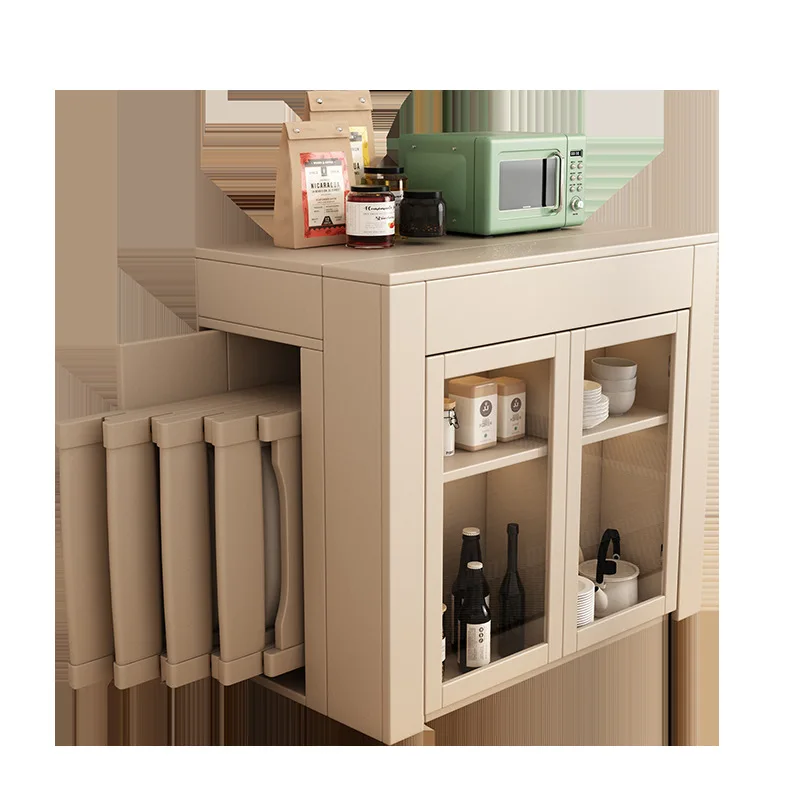 Cremefarbener, ausziehbarer Esstisch und Stühle, ausziehbarer Esstisch-Seitenschrank, kleine Wohnung, moderne Haushaltsaufbewahrung