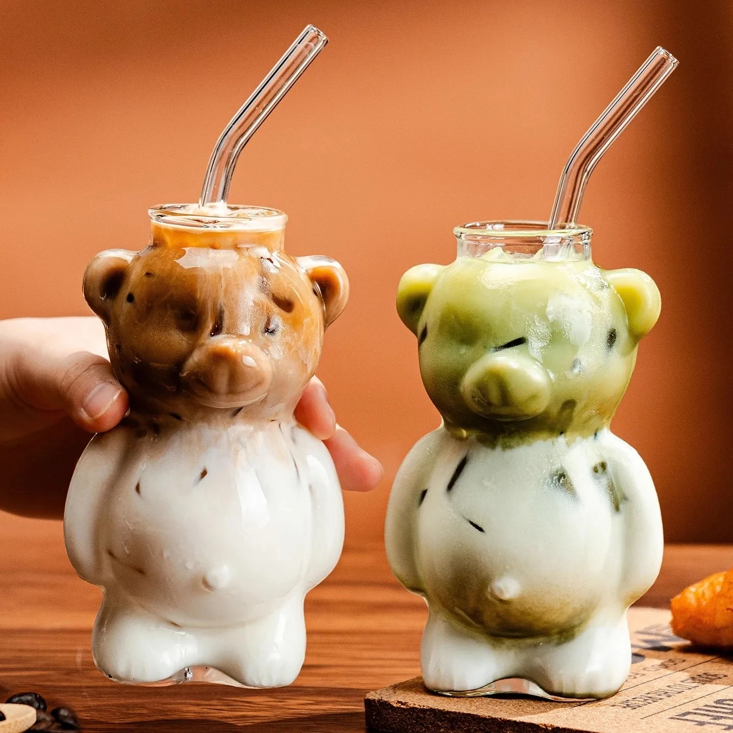 1/2PCS Nette Glas Bär Tassen mit Stroh Kaffee Milch Tassen Cocktail Getränke Saft Tasse Getränke Glaswaren weihnachten Geburtstag Geschenke Image
