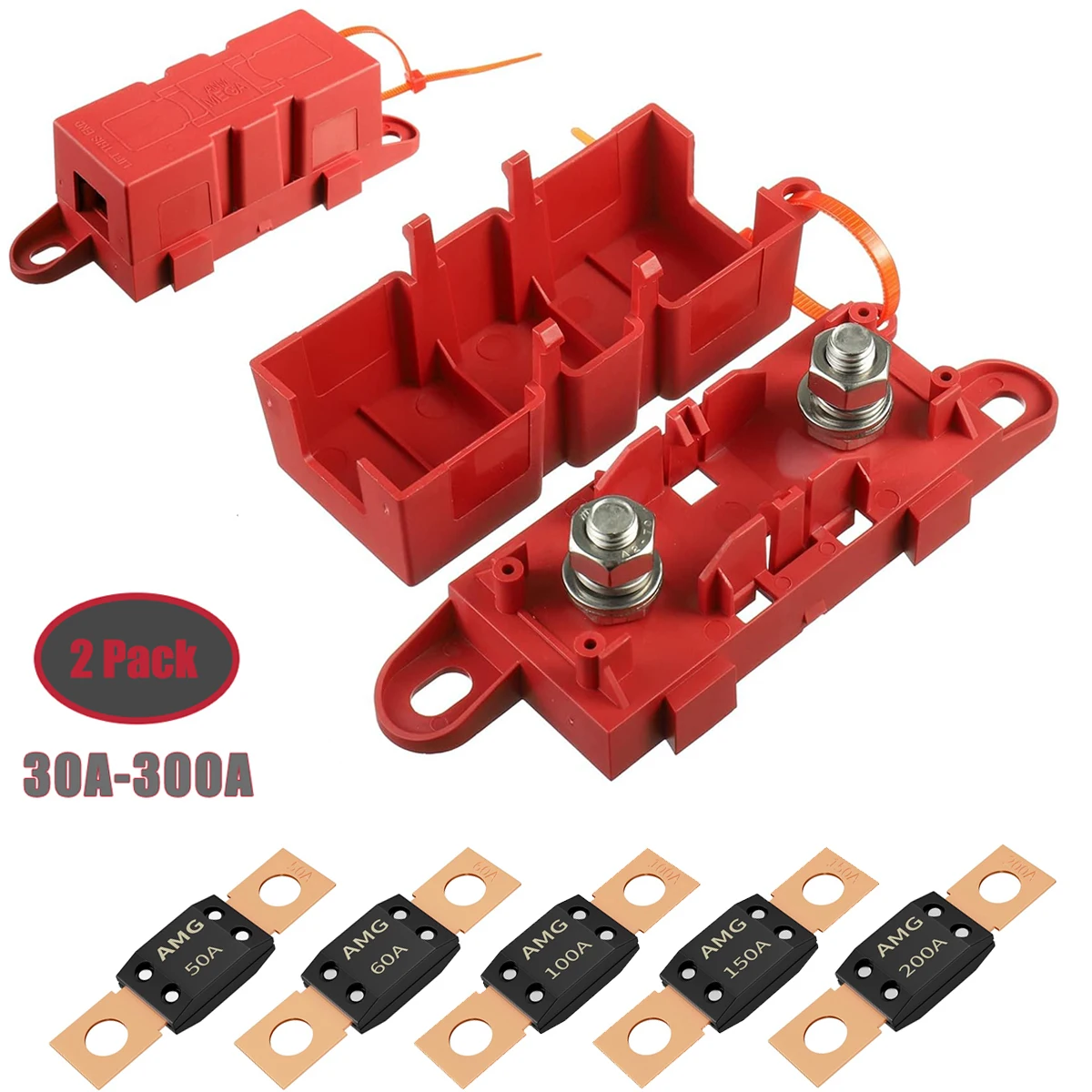 Roter MEGA-Sicherungsblock, ANL-Bolzen-Sicherungshalter, flache Sicherung für Auto, Boot, 80 A, 100 A, 125 A, 150 A, 175 A, 200 A, 250 A, 300 A Image
