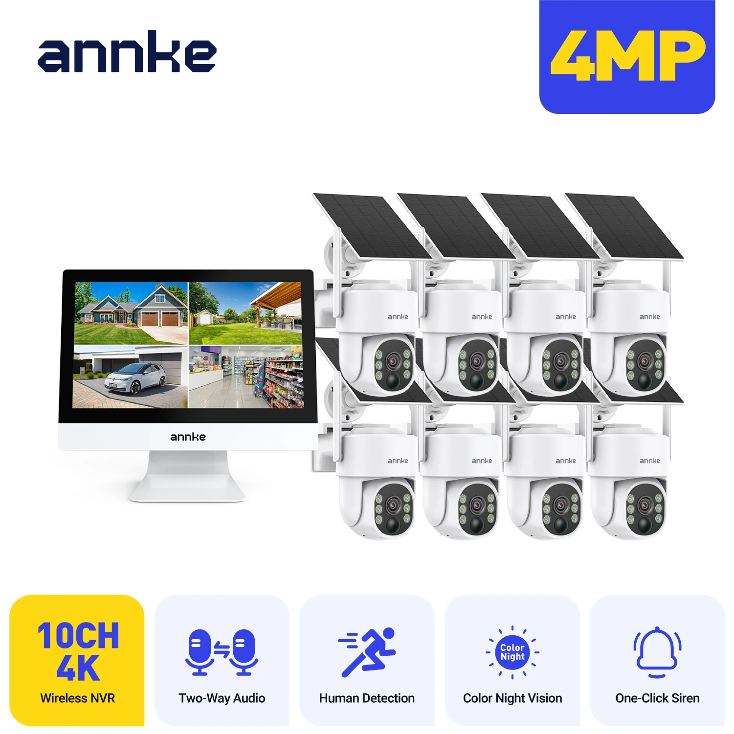Annke 4MP Solar-Überwachungskameras 10CH 12 Zoll LCD 2,4 G 5,8 G PTZ WLAN-Überwachungskameras PIR-Farbnachtsichtkamera Sicherheit WLAN